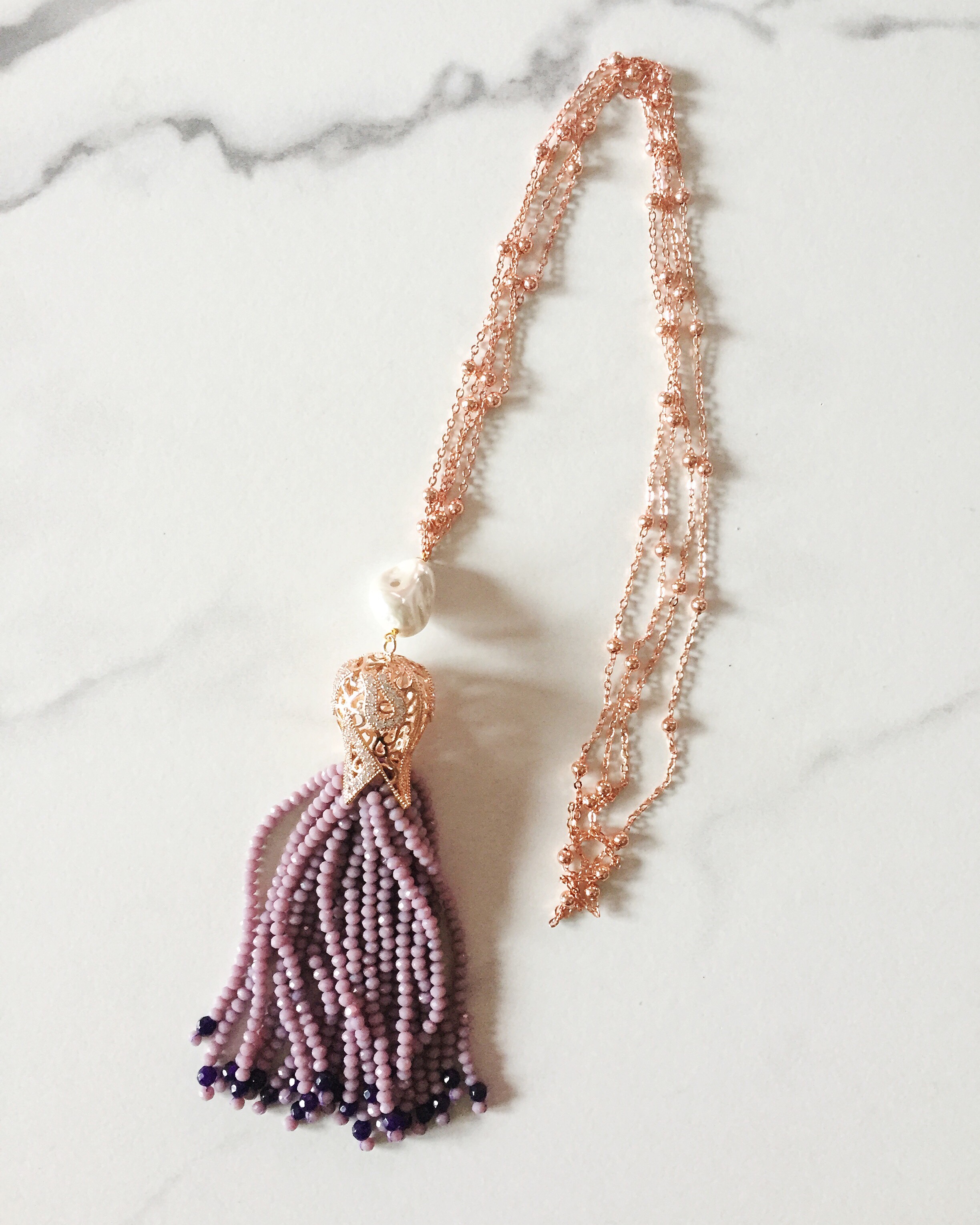 Long necklace with lilac agate fringe + pearl + rose gold plate