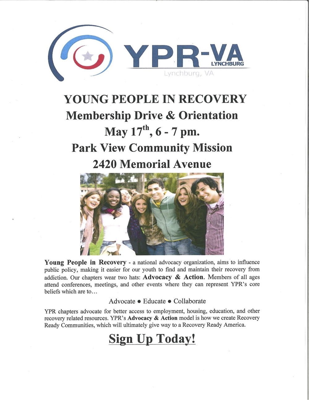Click on the link and go to the Facebook event page to sign up. UP Foundation Facebook event Page If you would like more information about Young People in Recovery Lynchburg Chapter please contact us.