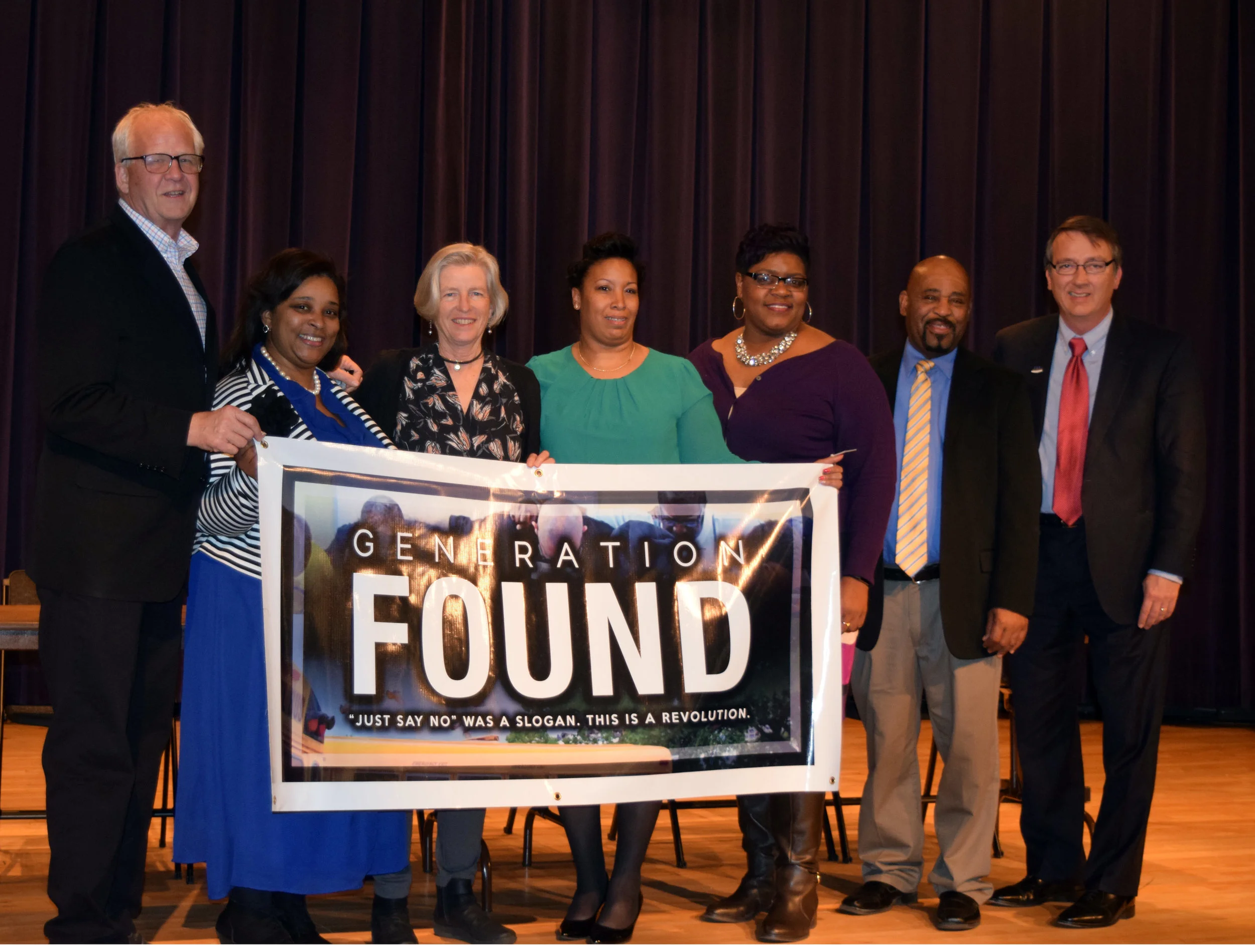 Lynchburg City Schools and the UP Foundation presented "Generation Found" on March 9, 2017. From left to right, Lewis Johnston, Daishia Womack, Ann Bond Gentry, LaTonya Brown, Ethel Reeves, Dr. James Stewart and Dr. Scott Brabrand.