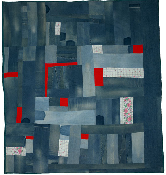 Mary Lee Bendolph, Work-clothes Quilt, 2002, denim and cotton, 97 x 88 inches.