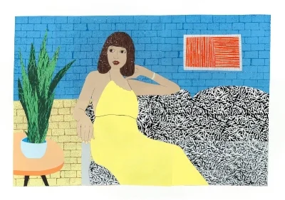 Rachael Abrams, Shelley in Yellow , 2017, relief print and collage on paper, 24 x 30 inches