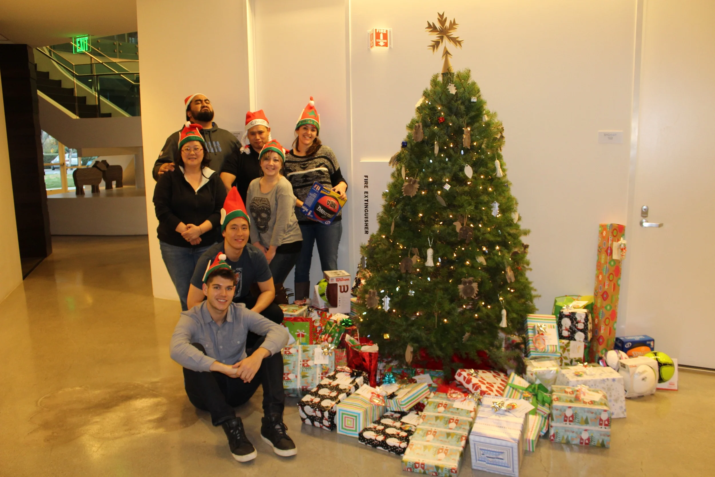PaperSeed California members & volunteers strike a pose next to the Giving Tree before leaving to drop off gifts. Top Row: Sioeli Palu, Garen Suen, Megan Lima Middle: Wendy Ju, Diana Gray Front: Chris Cho, Max Nelson