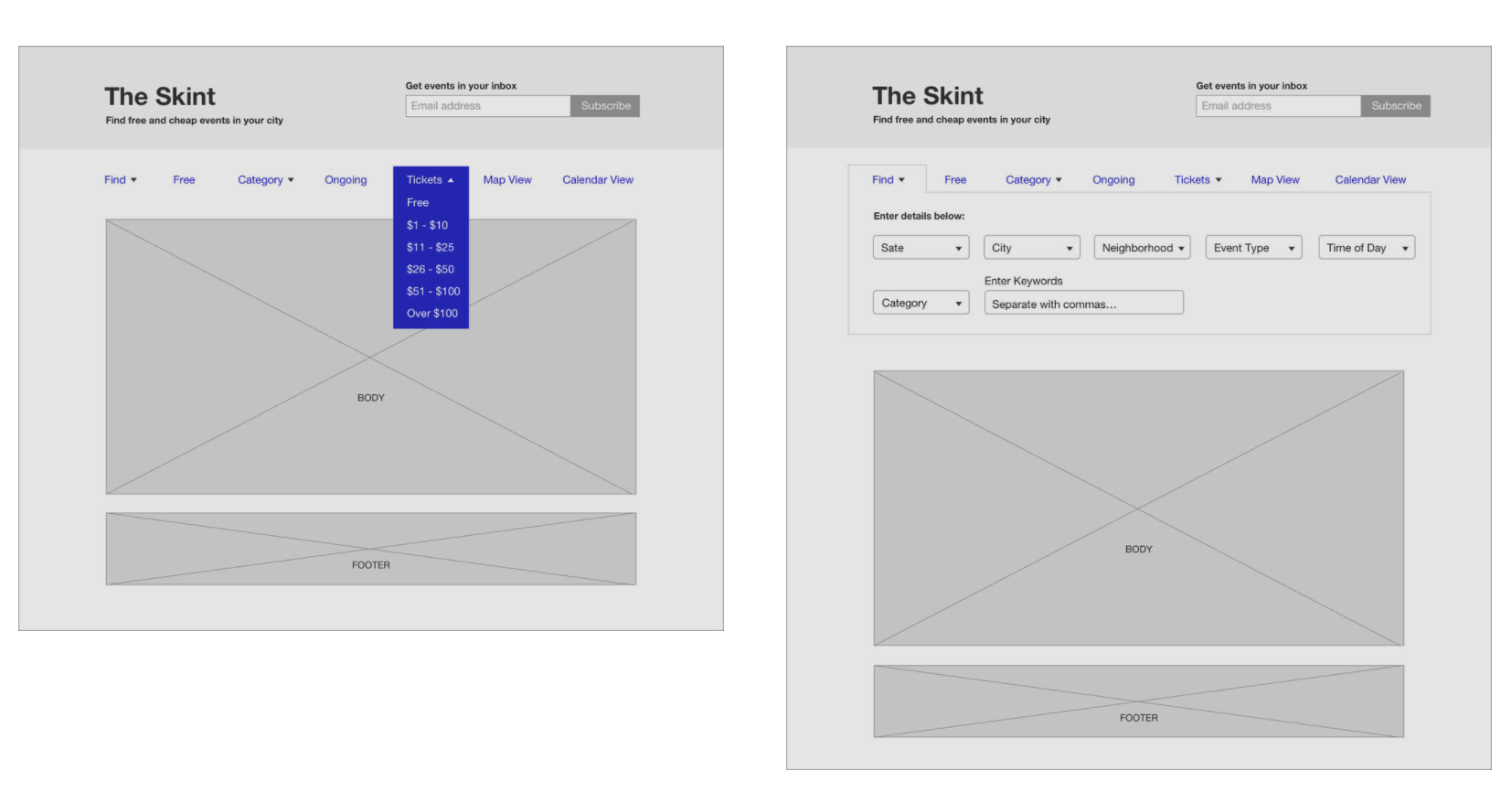 CONCLUSION By focusing on the header and navigation, and introducing new search functionality and viewability, the website now provides a personalized experience for users, rather than relying on email as a primary engagement mechanism to cater their event search. * Please ask if you would like to see sketches or flows.