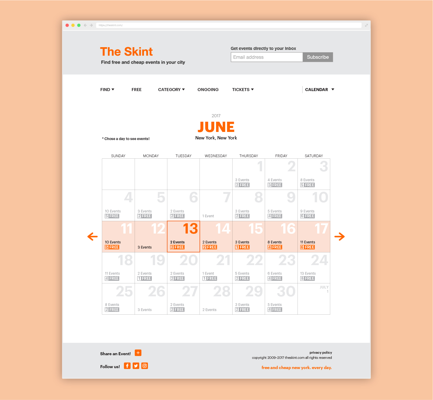 THE SOLUTION Redesigning the site navigation so that it is more user friendly, categorical and searchable. What if you wanted to see the events for certain days of the week, events that are free, or events that are ongoing in a specific part of the city via a map? With the redesign, all of these catered and specific options are made possible.