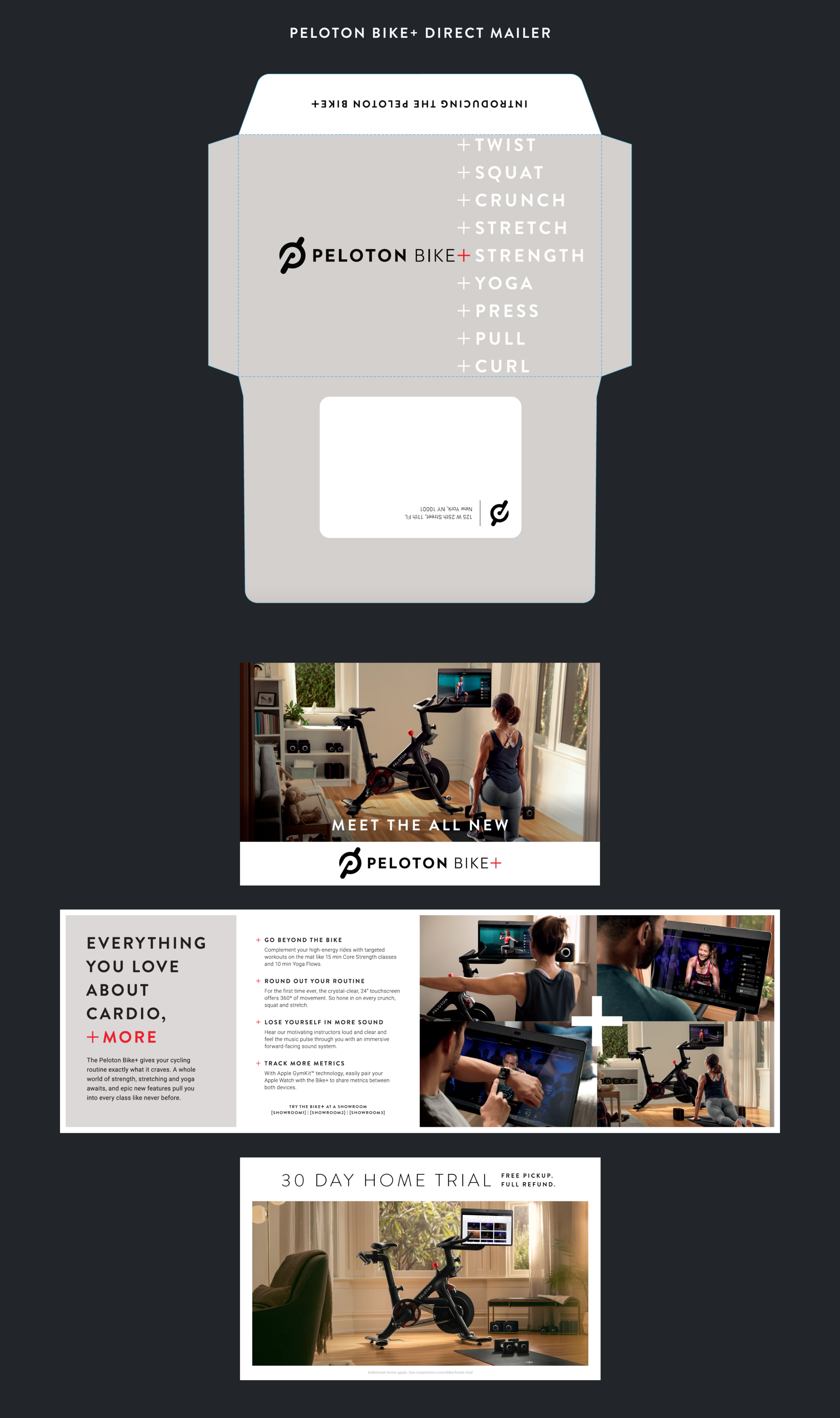 This DM went to prospective leads for the Bike+, who enjoyed cardio + more. I extensively tested the envelope to match the perfect color, and we experimented with using a gloss over the +words in addition to the soft touch of the rest of the envelop