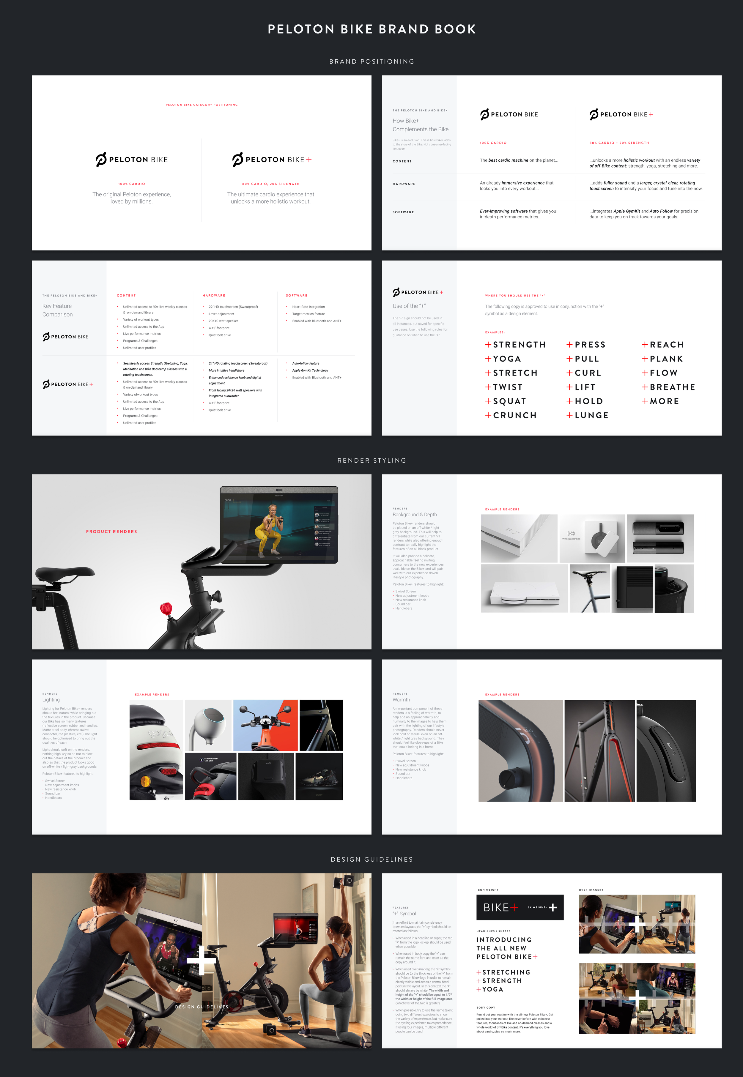 In addition to establishing the look and feel of the launch materials, I helped lead a lot of the work on the strategy for Bike+. This was the first time Peloton added another SKU in the same category. This Brand Book consists of 60+ pages identifyi