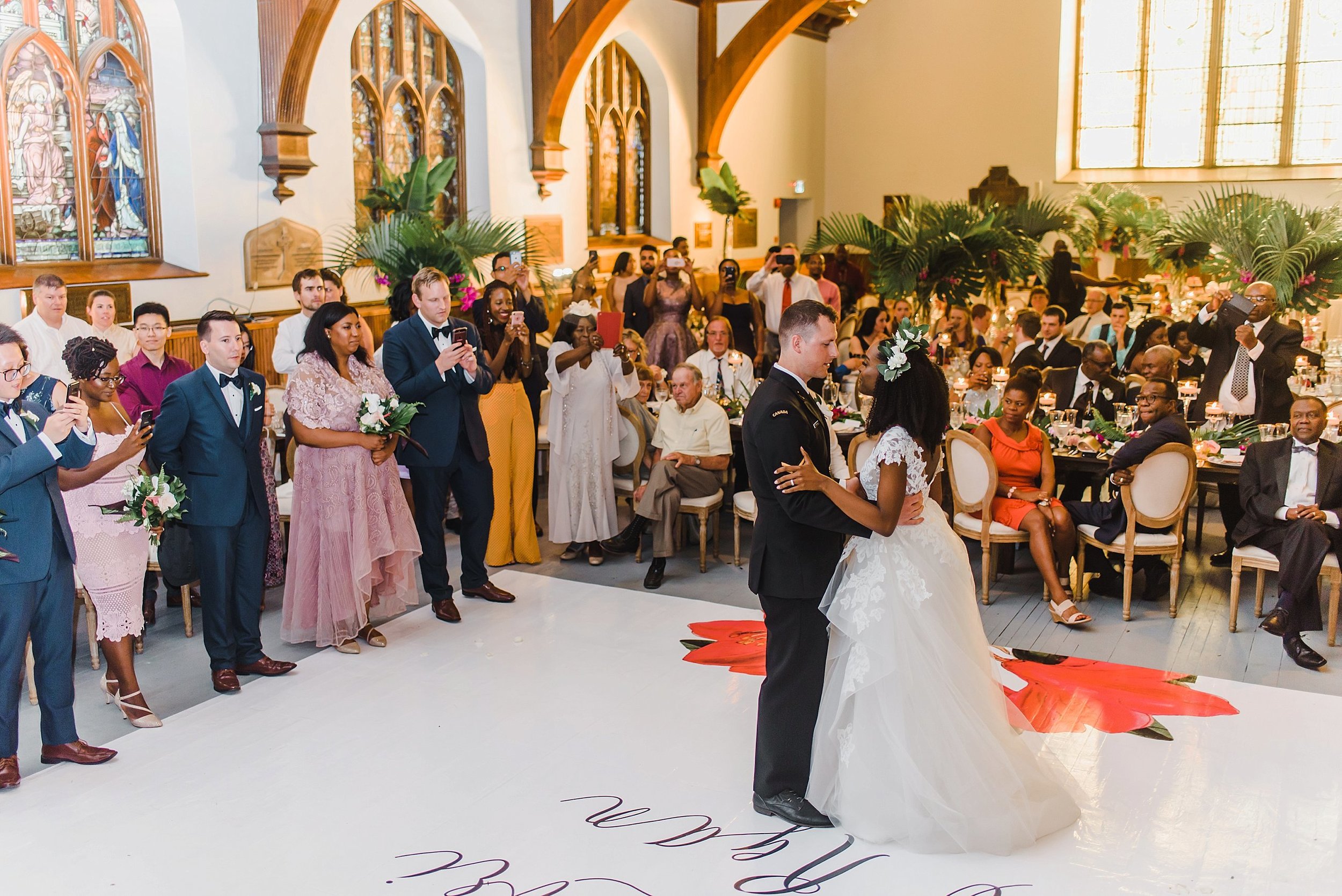  Ann-Lori and Ryan enjoyed a first dance immediately upon entering the reception.  The sun was just about setting and slipped warm rays through the stain-glassed windows for that light glow. 