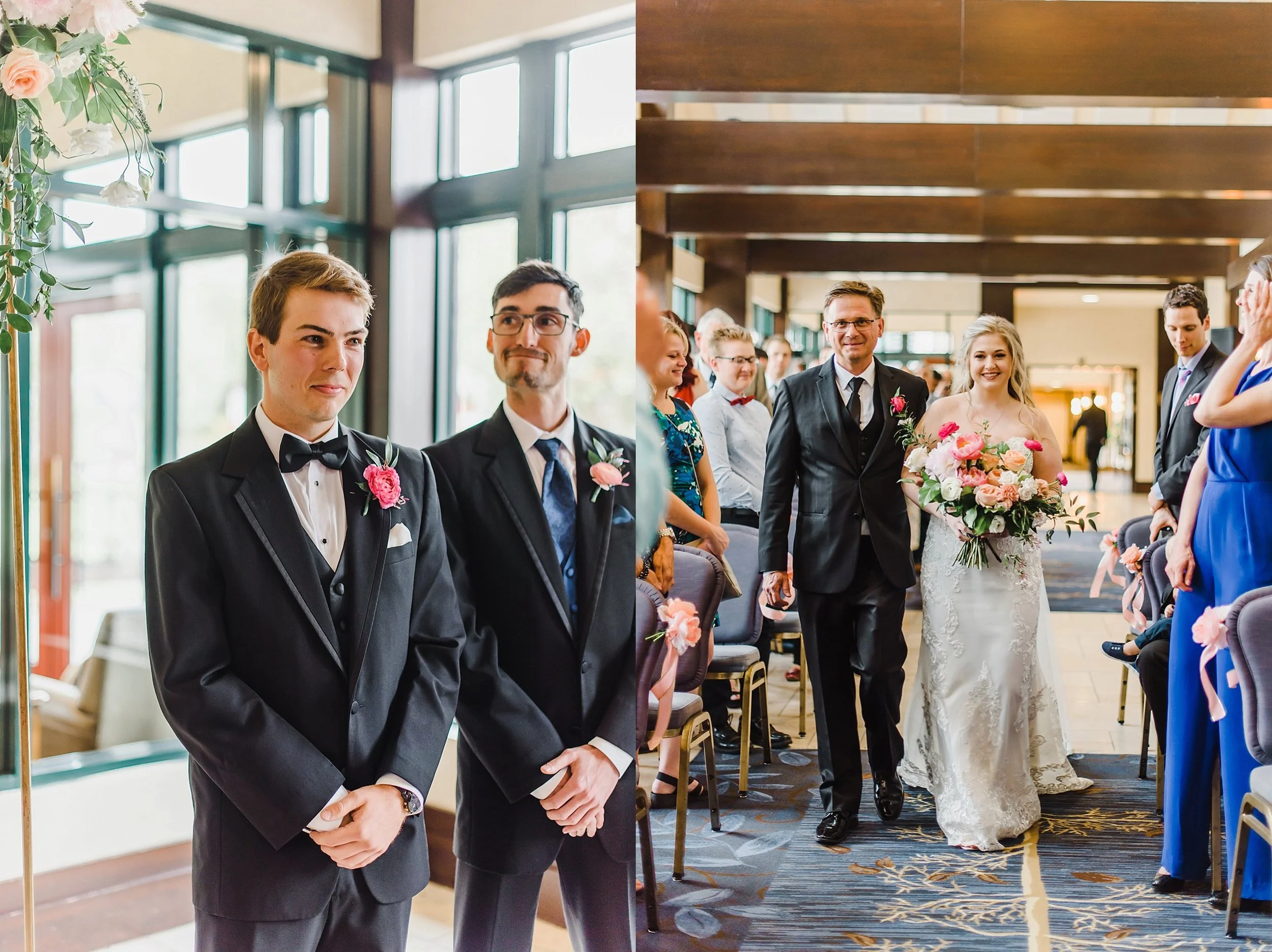 The ceremony was moved indoors 5 minutes before it was scheduled to begin because of the rainfall. But it didn’t retract at all from this moment down the aisle.