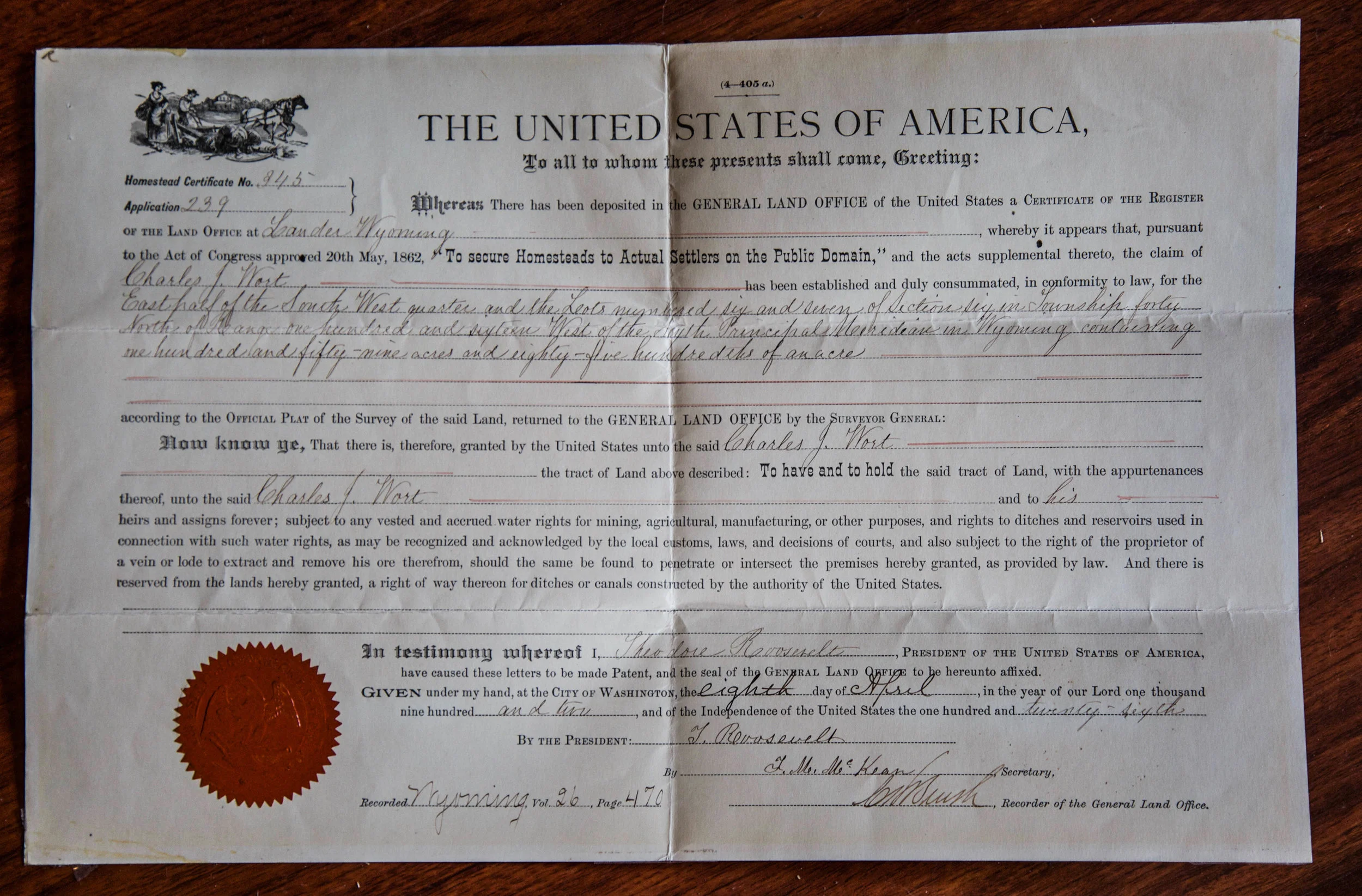 Original Wort Homestead Deed signed by President Theodore Roosevelt on April 8, 1902.