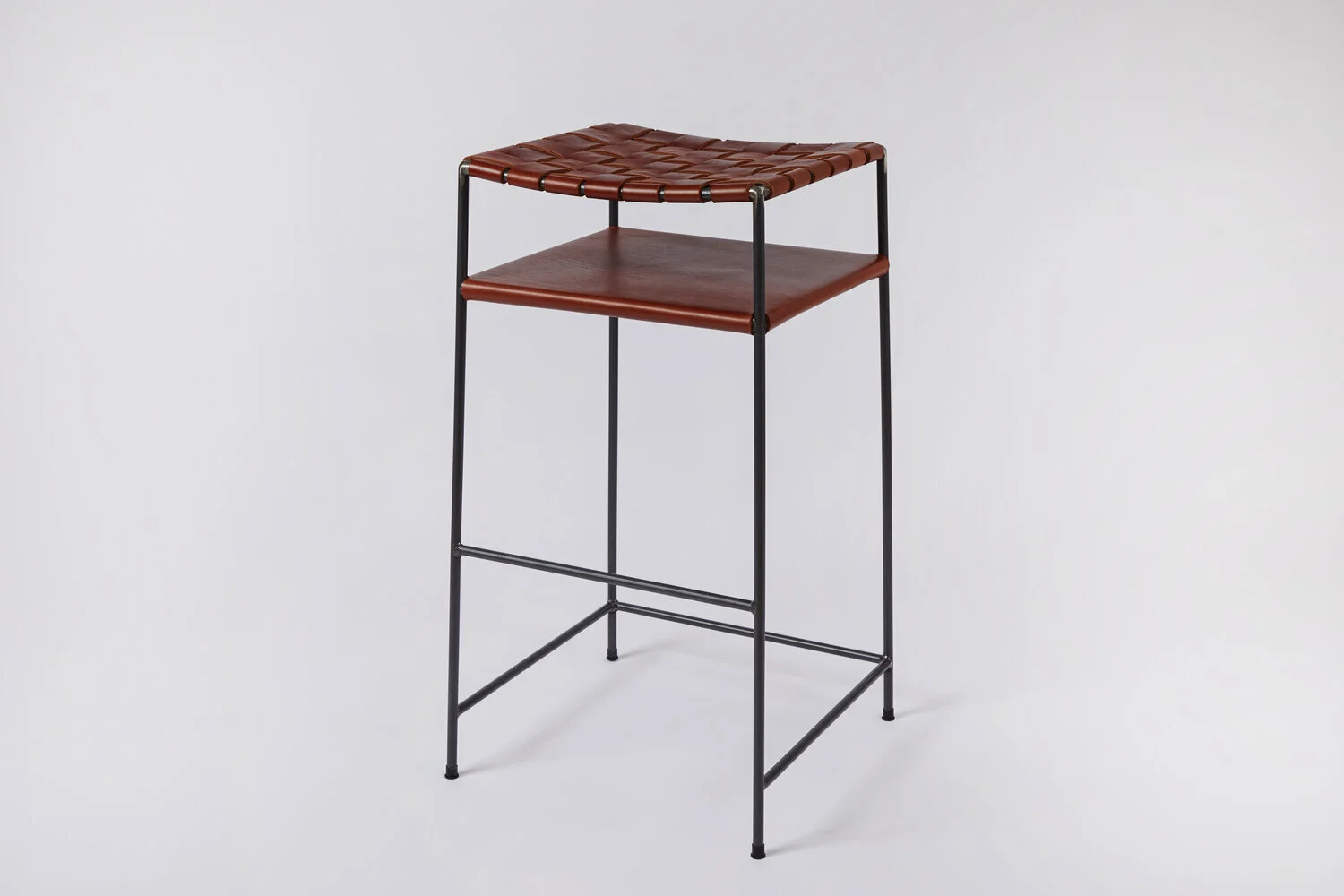 WOVEN COGNAC LEATHER BAR STOOL — FAIR