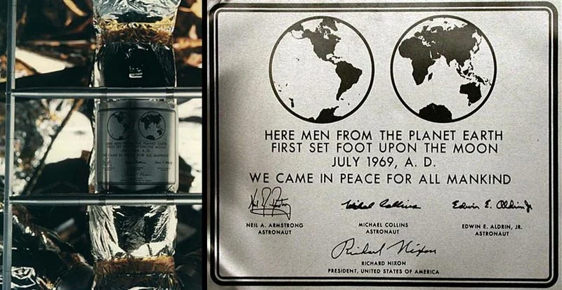 Plaque on the landing gear of the Apollo 11 lunar module. The descent stage would remain on the moon, a permanent commemoration of the first visit at the landing site. (Photo: NASA)