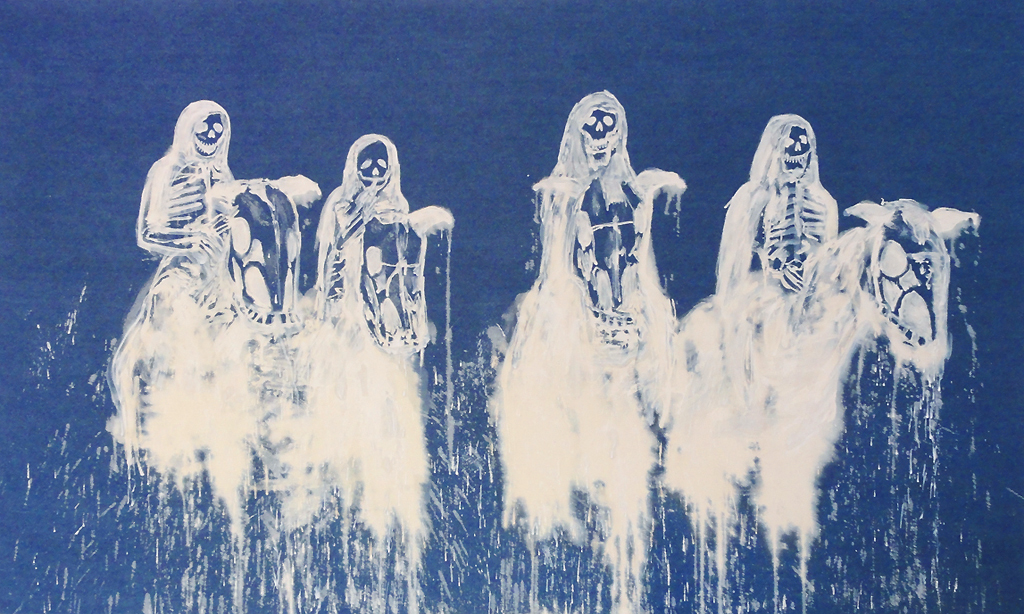   Four Horsemen (Satan Piss),  2011 Bleach on denim 50 x 84 inches 