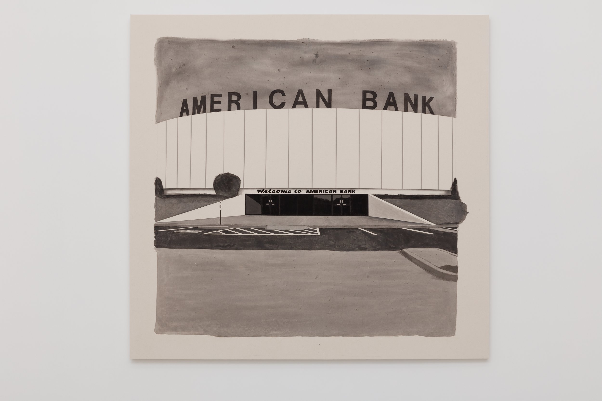   American Bank , 2020 Black gesso on canvas 74 x 77 inches (1.87m x 1.95m) 