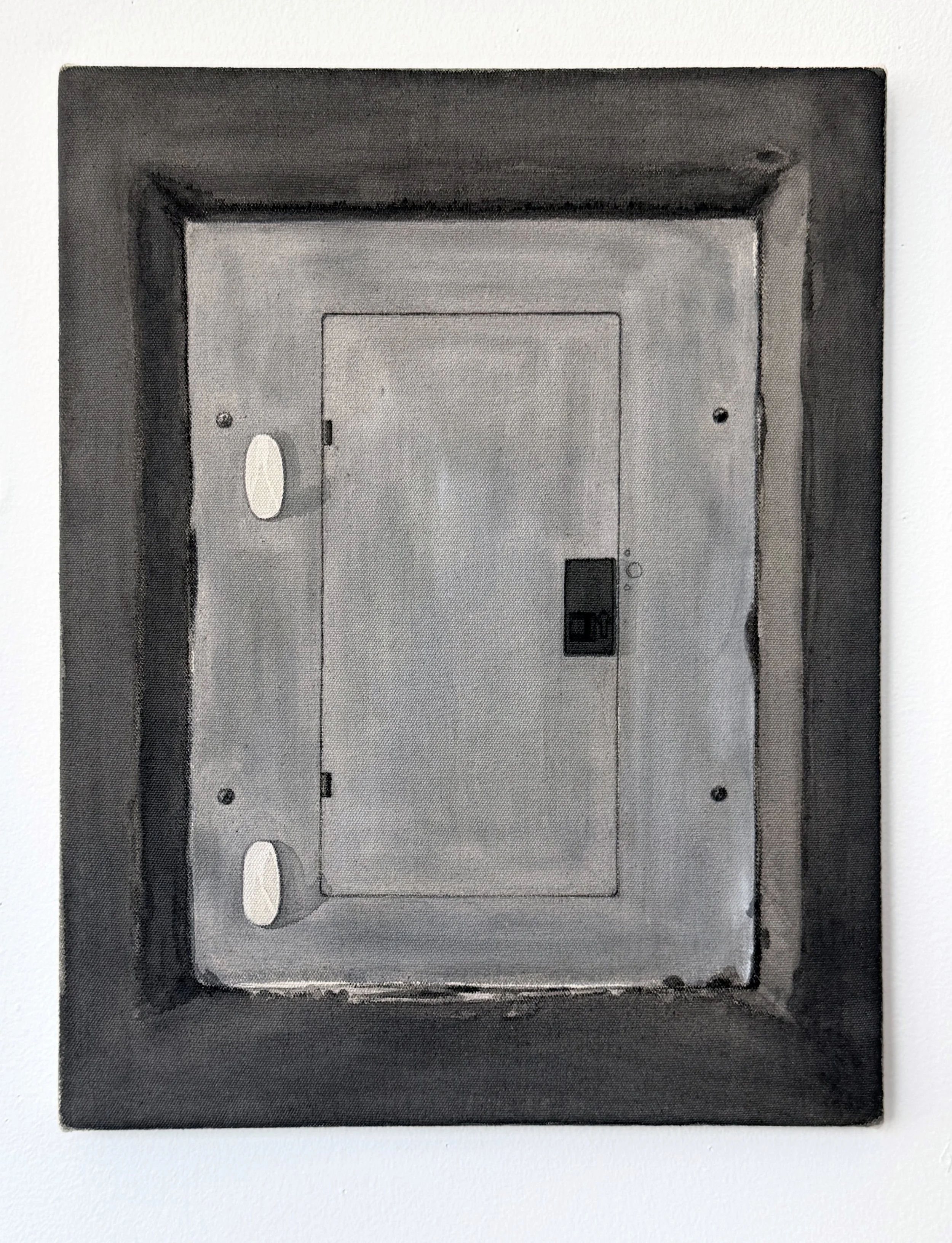   Electrical Panel, Luquillo , 2026 black gesso on canvas 14 × 18 in (36 × 46 cm) 