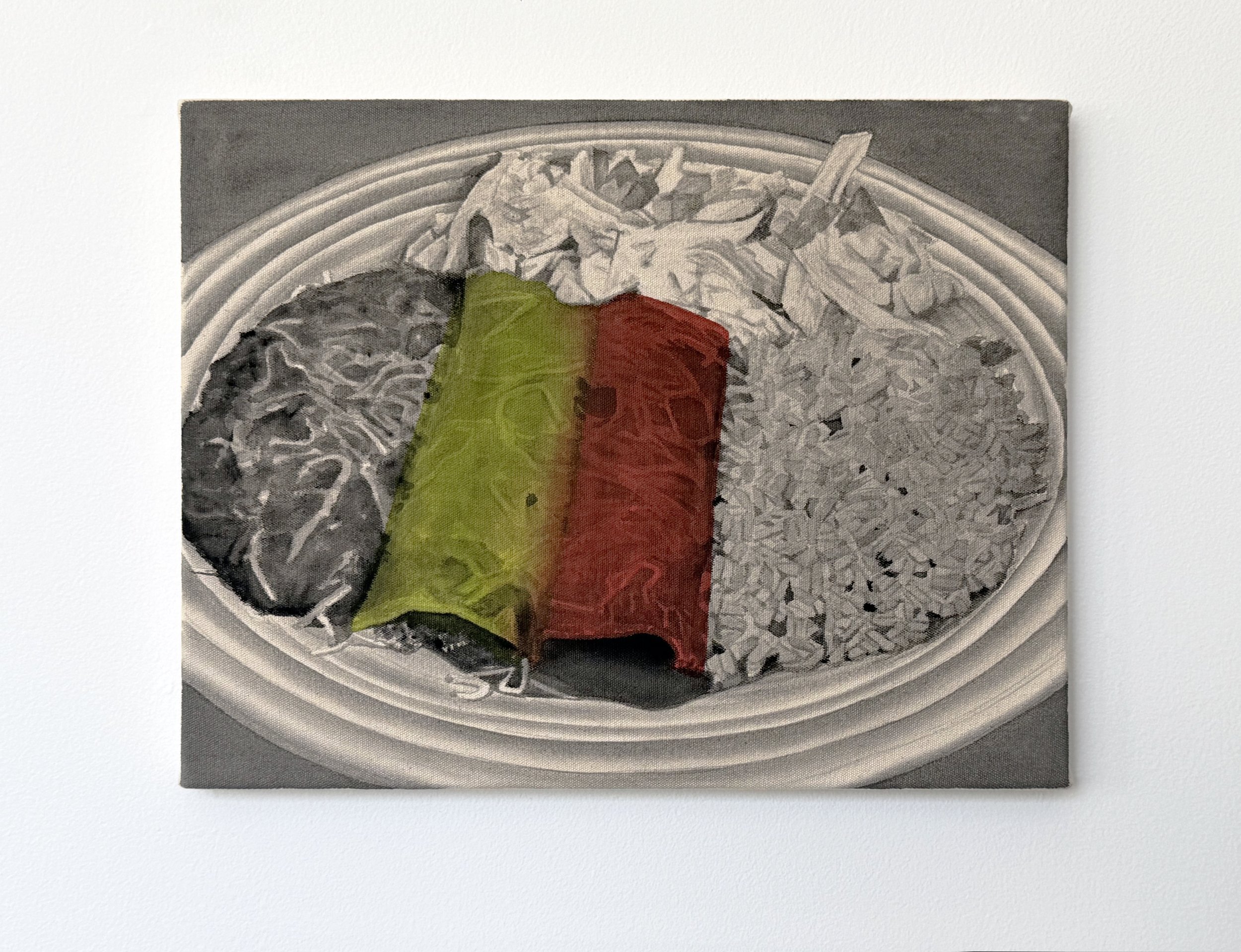   Enchilada Plate (El Fenix), after Daddy-O , 2026 black gesso and acrylic stain on canvas 14 × 18 in (36 × 46 cm) 