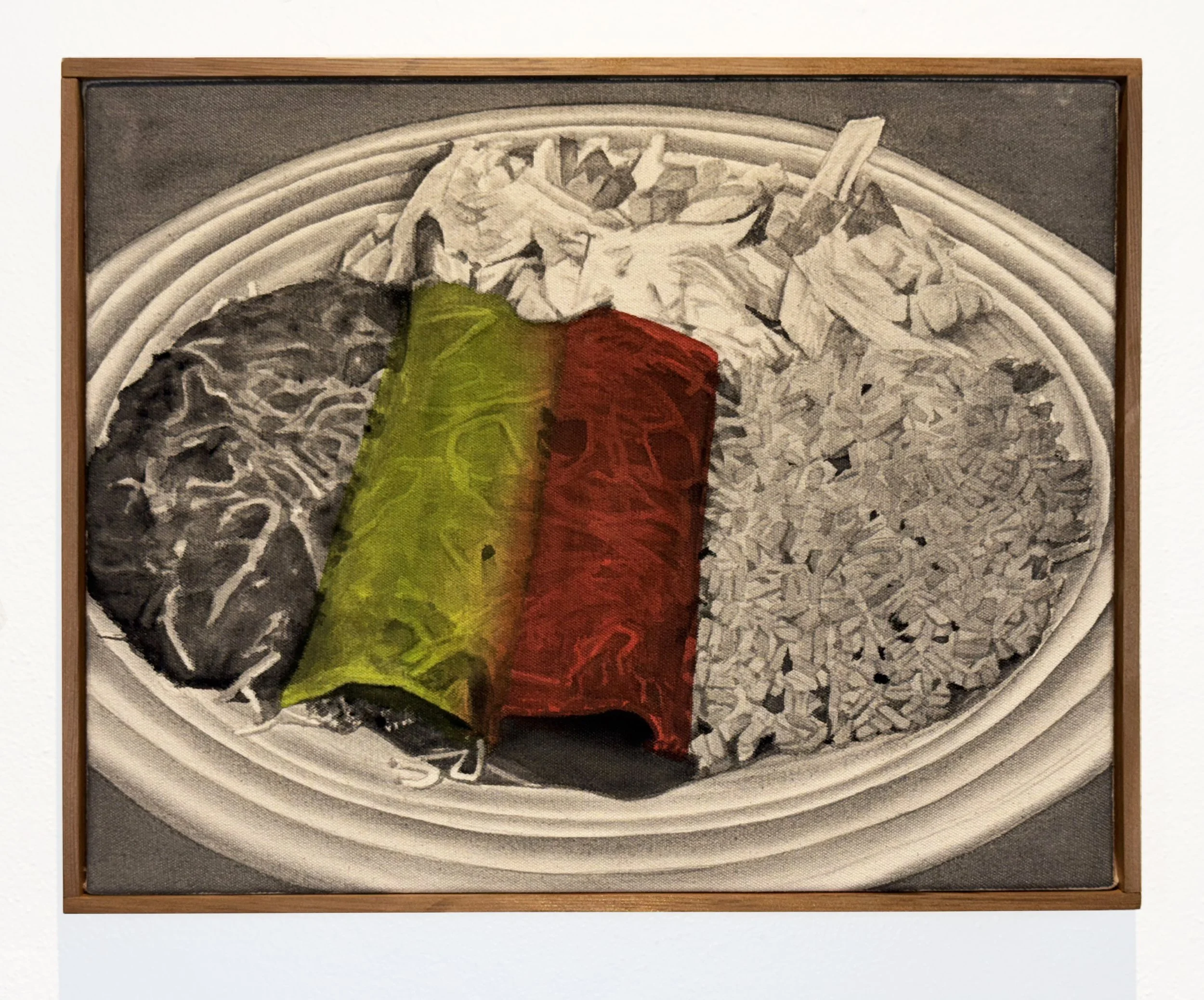   Enchilada Plate (El Fenix), after Daddy-O , 2026 black gesso and acrylic stain on canvas 14 × 18 in (36 × 46 cm) in artist-made western cedar frame 