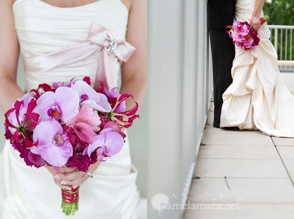 Bright Bold Pink Unique Bridal Bouquet Hot pink hydrangea, pink mini callas, gloriosa lily's, phelanopsis pink orchid blooms, stock blooms. pink mini gerbera
