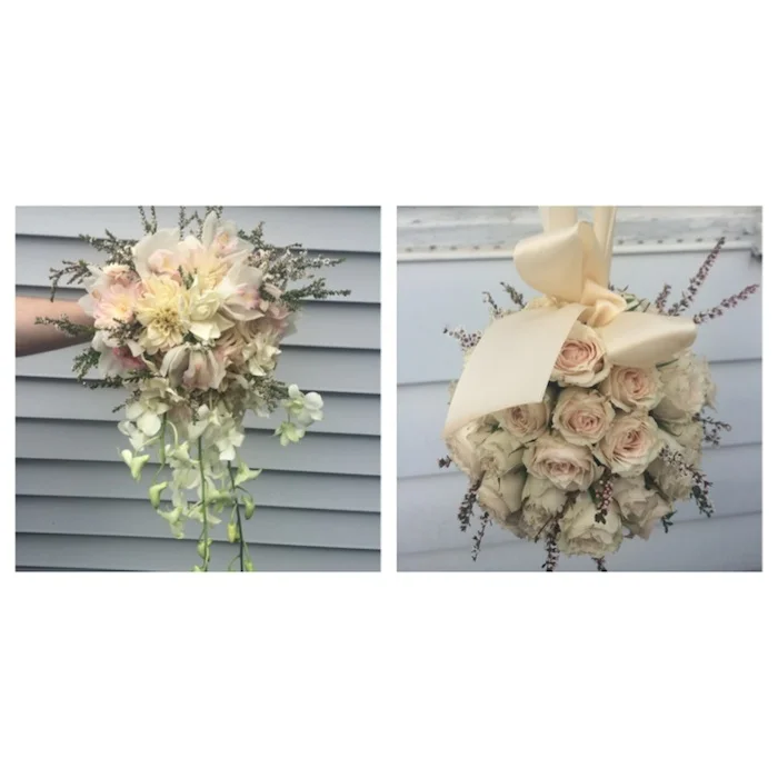 Blush Cascading Bridal Bouquet Cafe Au Lei Dinner Plate Dahlias, Dendrobium Orchids, mini spray garden roses, calcynia, cymbidium orchid blooms
