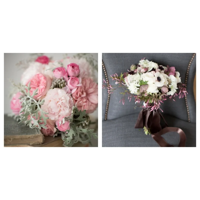 Blush Pink Bridal Bouquets Pink Peony's, Pink David Austin Cabbage Roses, Pink Ranunculus, dusty miller, brunia berry's Flowering pink jasmine vine, anemones, helleborus, cosmos, & scabiosa blooms. 