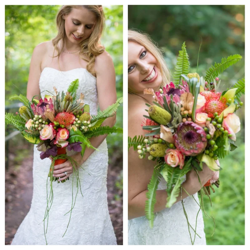 Citrus Bridal Bouquet Large pink mink protea, orange pin cushion protea, yellow cone protea, sword fern, hosta leaves, berry's, roses, cobra lily's