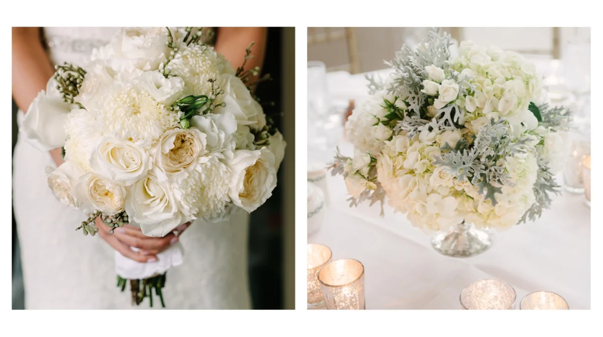 Classic White Garden Bridal Bouquet White Ohara David Austin Cabbage Roses, White lisianthus, large chrysanthimums, vendella roses, dusty miller, hydrangea, & brunia berry's.