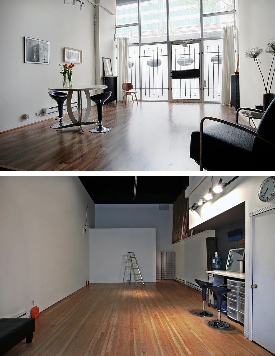 Top: Studio Lobby / Art Gallery | Bottom: Studio Space (800-950 sq. ft.)