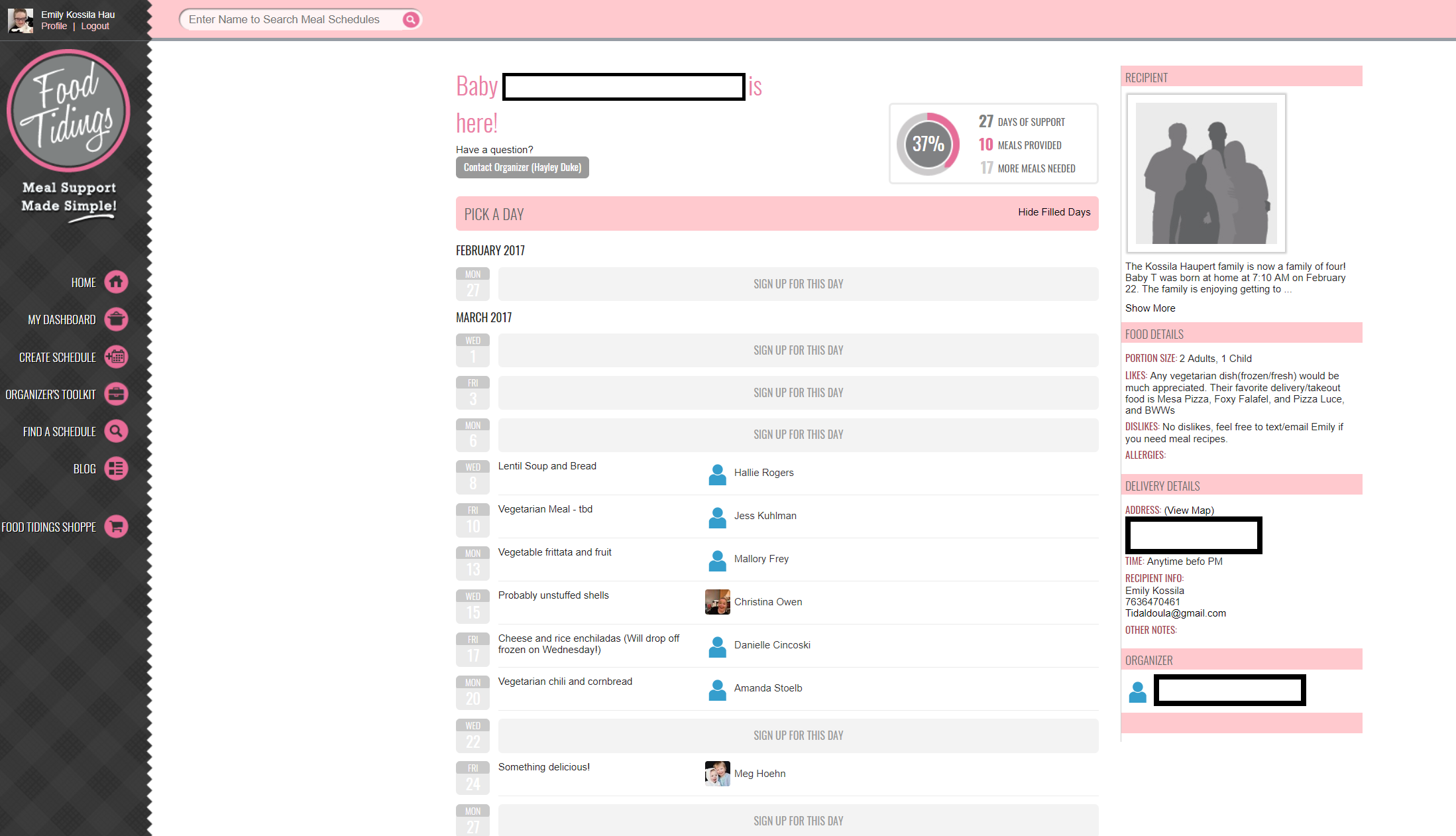 Here’s a screenshot of my Meal Train organized by my doula. She went through www.foodtidings.com, which is my favorite and in my opinion most user-friendly meal train organizer out there. (Image: A screenshot of the website foodtidings.com which has black and pink coloring with a calendar list of the meals provided for the Kossila Haupert family. On the right side, it reads information about the recipients, food details of what they requested, and delivery details. Portions of the picture are blacked out for privacy.)