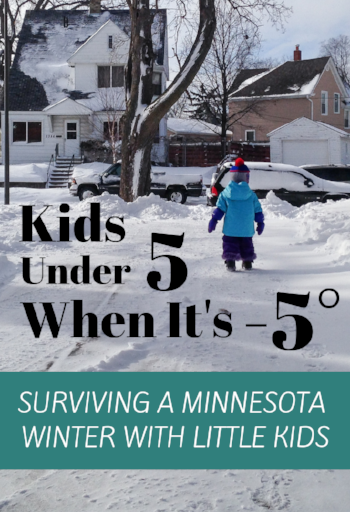A overlayed text of the header Kids Under 5 When It’s -5*, with a subheading of Surviving a MInnesota Winter With Little Kids. The picture is of a snowy sidewalk with a toddler dressed in a bright blue winter coat and winter gear walking away from t…