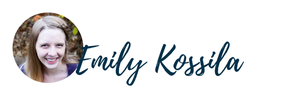 Circle picture with a white woman smiling at camera with a blonde braid down the right side of her face with the name Emily Kossila written in blue hand lettered font.