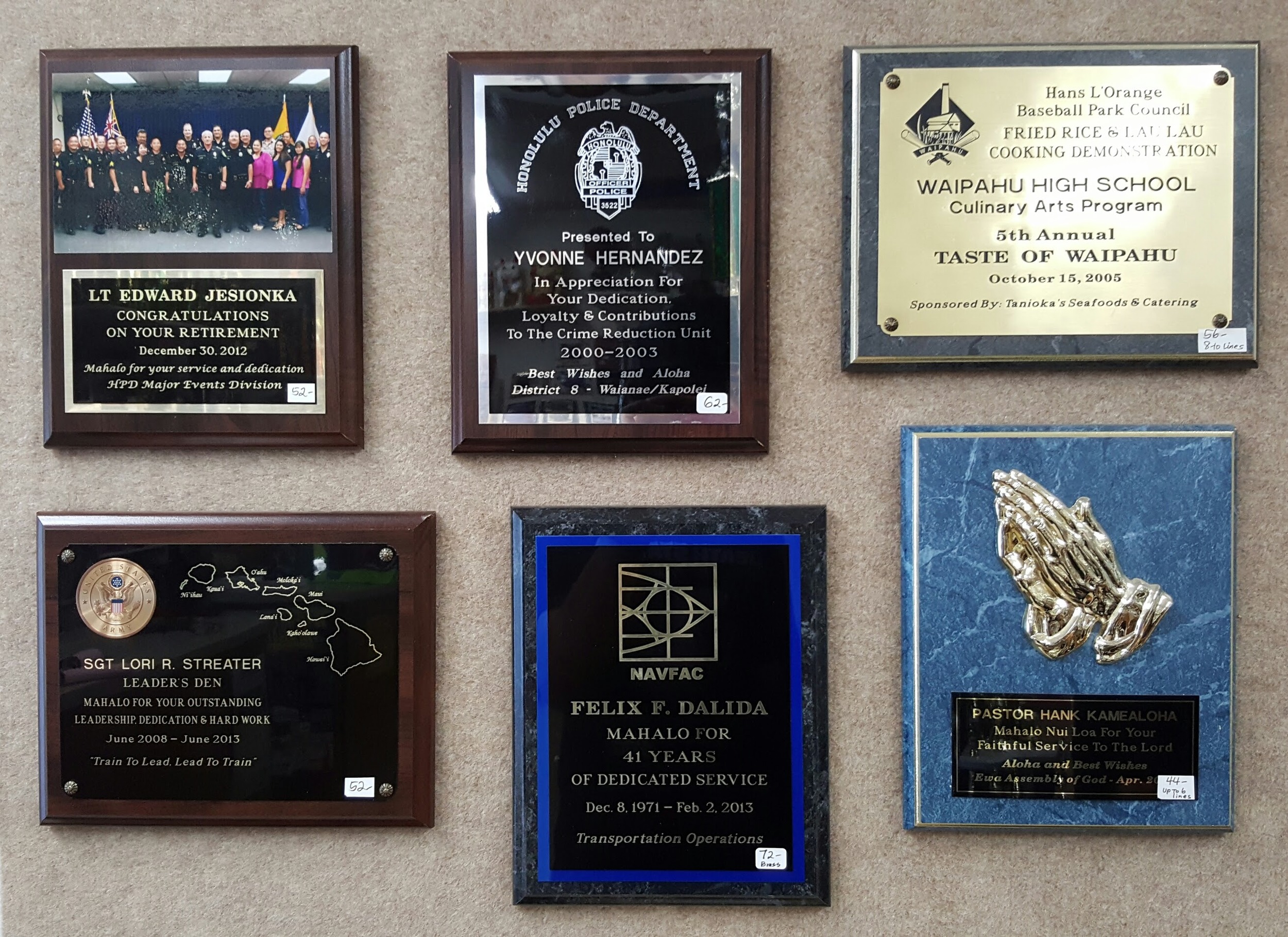 8x10 Plaque Samples 52.00, 62.00, 56.00, 52.00, 72.00, 44.00