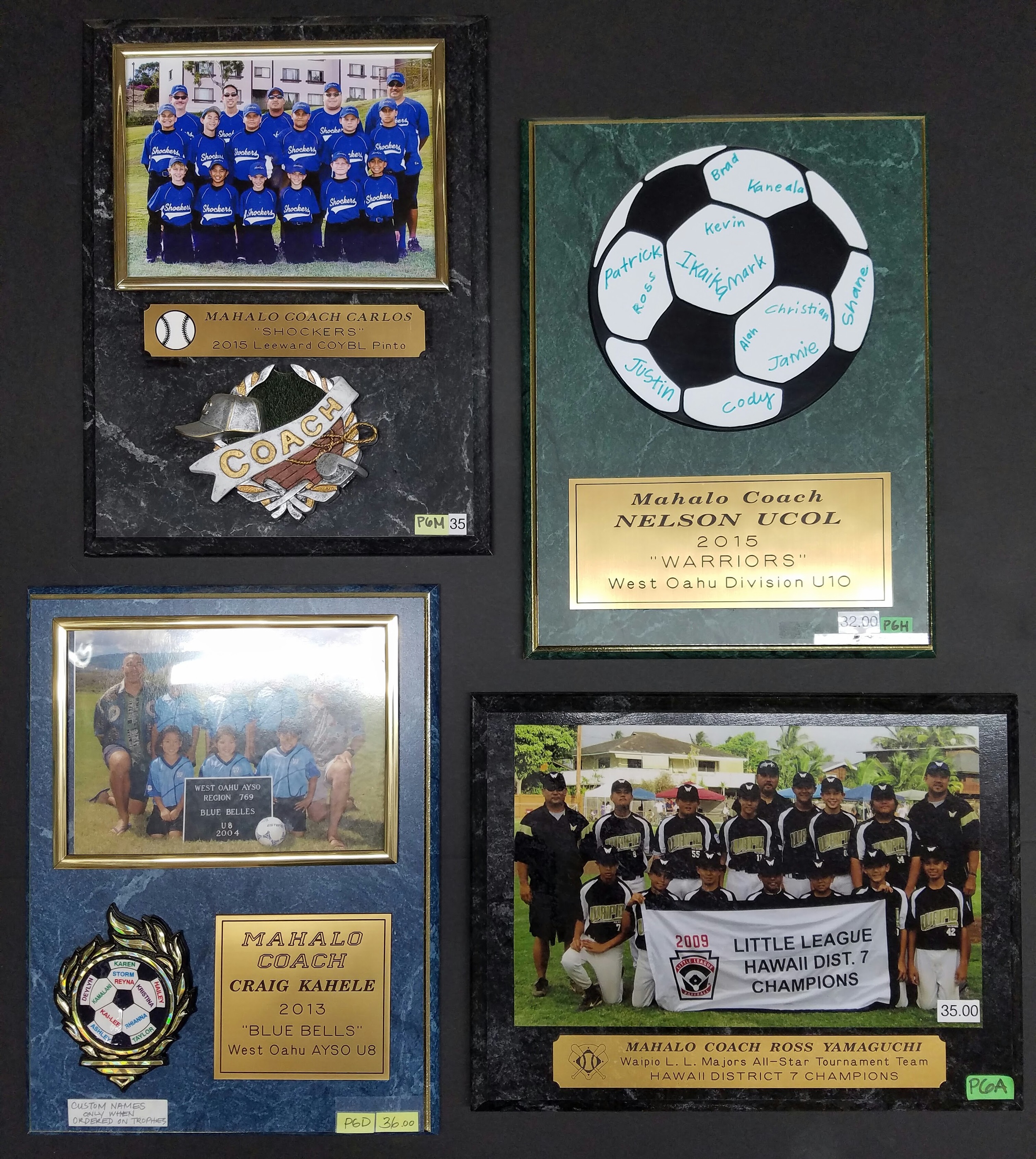 9x12 Plaques P6M - 35.00, P6H - 32.00, P6D - 36.00, P6A - 35.00