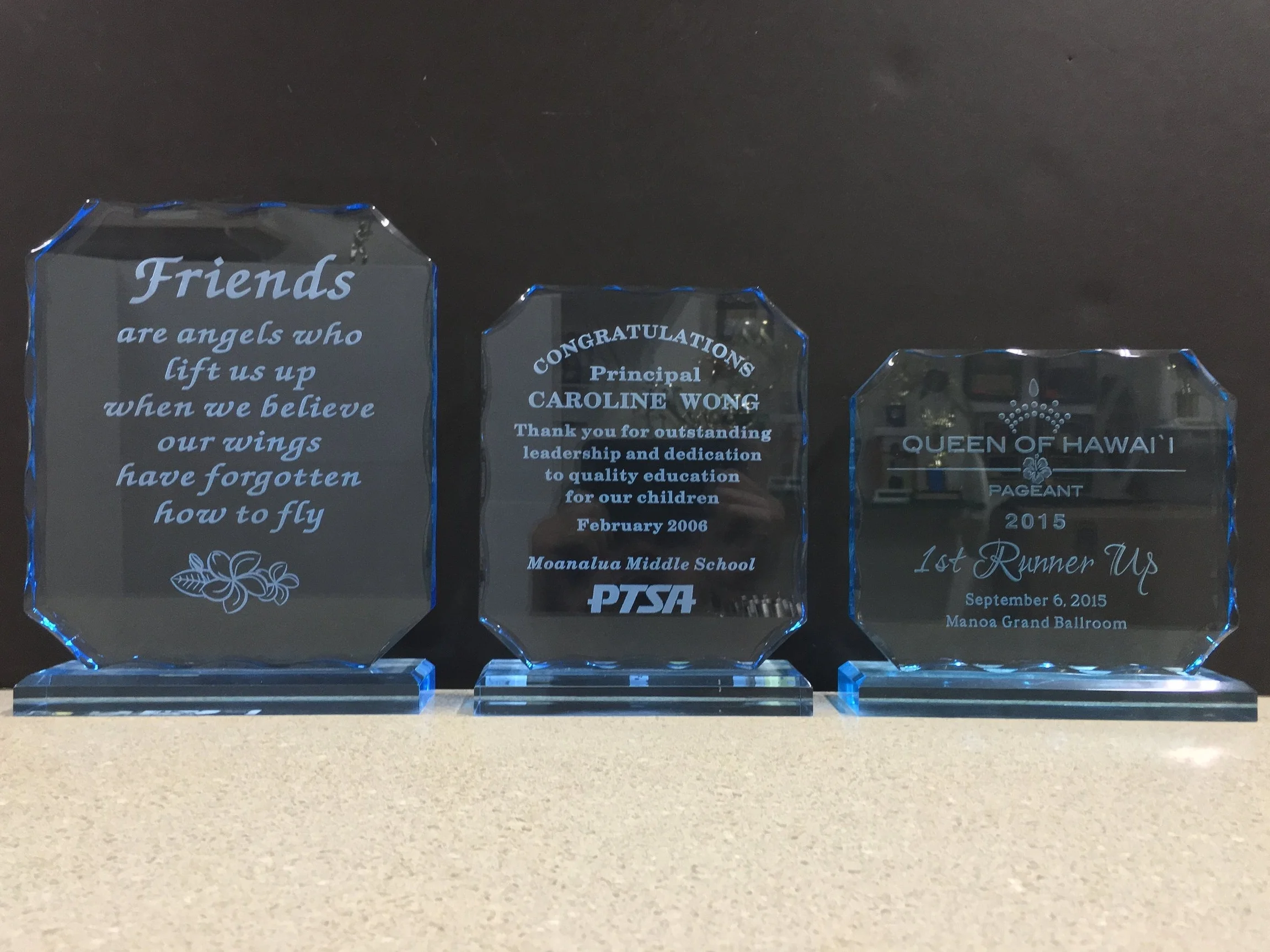 Scallop Series ACR-SCALLOP-A (9.25") - 84.00, ACR-SCALLOP-B (7.75") - 74.00 Available in Blue or Jade Engraving Layout can be Horizontal or Vertical