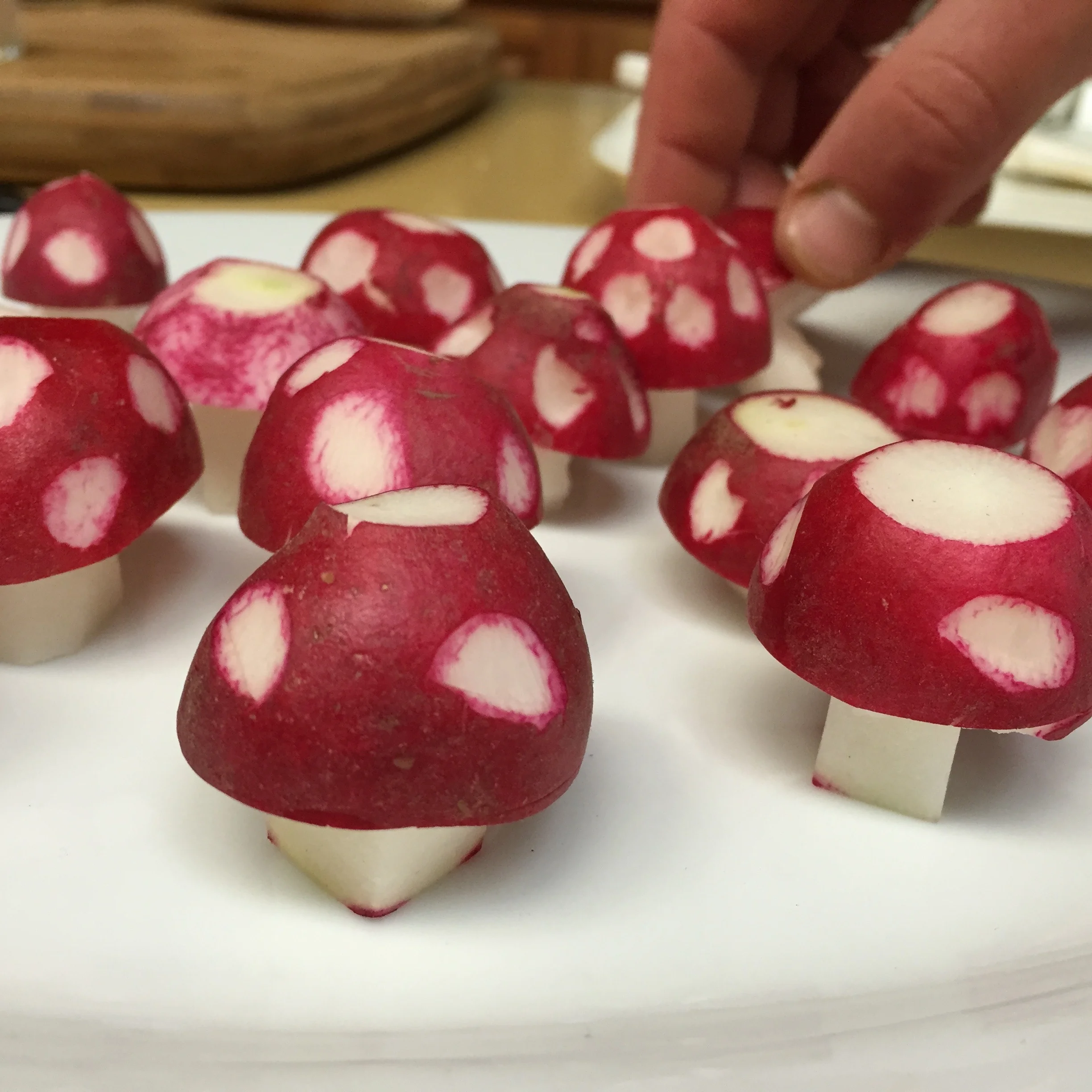 Radish "mushrooms". Think Smurfs!