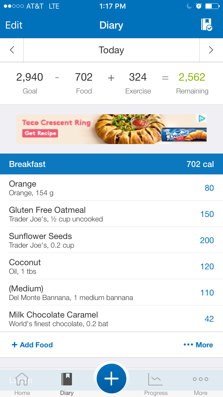 MyFitnessPal How I track my meals, they have the brands and quantities of many foods to get us pretty close to our food intake, this app is connected to my Strava account so it shows my morning bike ride and takes that energy expenditure into account for the estimate of my recommended caloric intake to maintain my weight, pretty great when apps talk to each other.