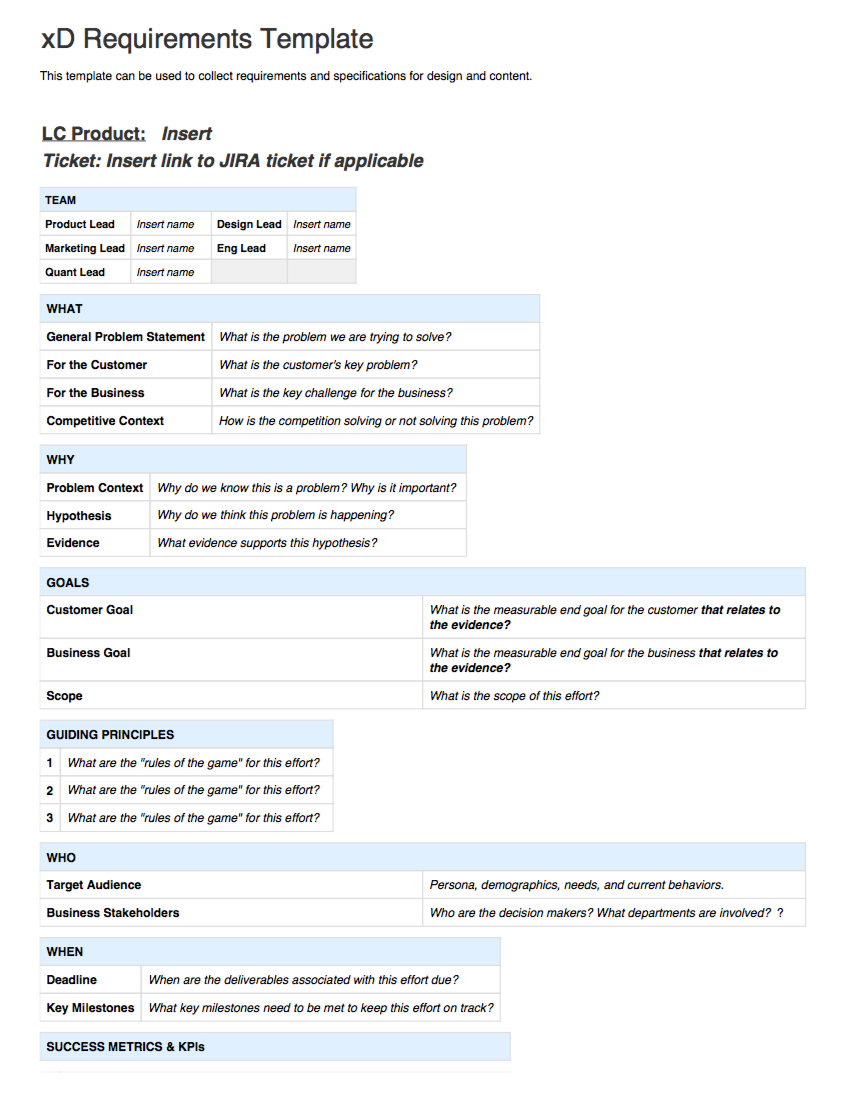 A portion of the requirements template I created