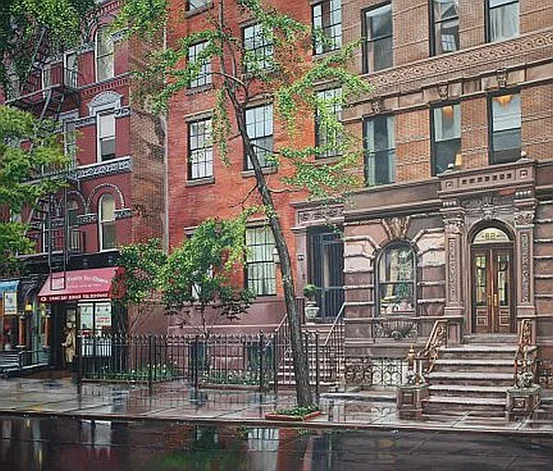 Spring rain on East 7th Street - Oil on Linen 34" x 40"