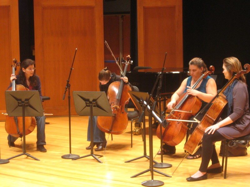 Louise Dubin, Julia Bruskin, Kathy Cherbas, and Saeunn Thorsteinsdottir recording a cello quartet by Franchomme for the album