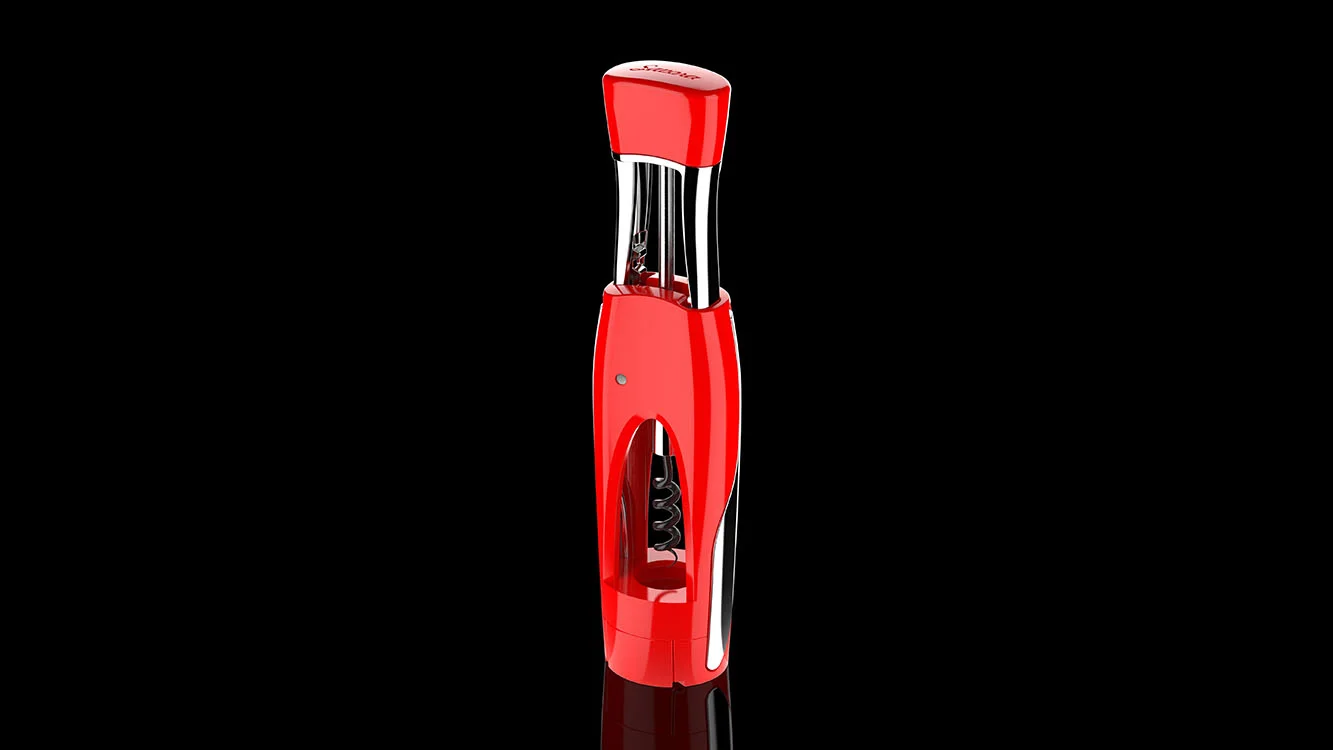 To avoid the "shoulders" typical of winged corkscrews, I offset the rack and pinon to create a more sleek appearance. ABS, chrome-plated zinc alloy. The snap-on base allows the corkscrew to stand upright, and doubles as a foil cutter.