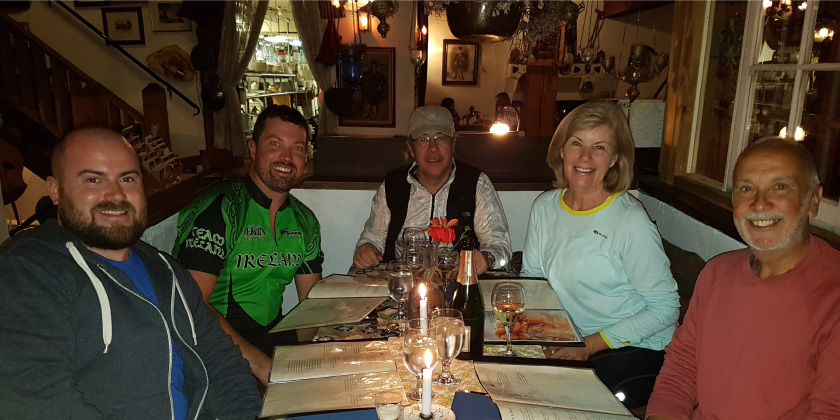 A fantastic end to the day at Theo's Restaurant after an exhilarating days riding.