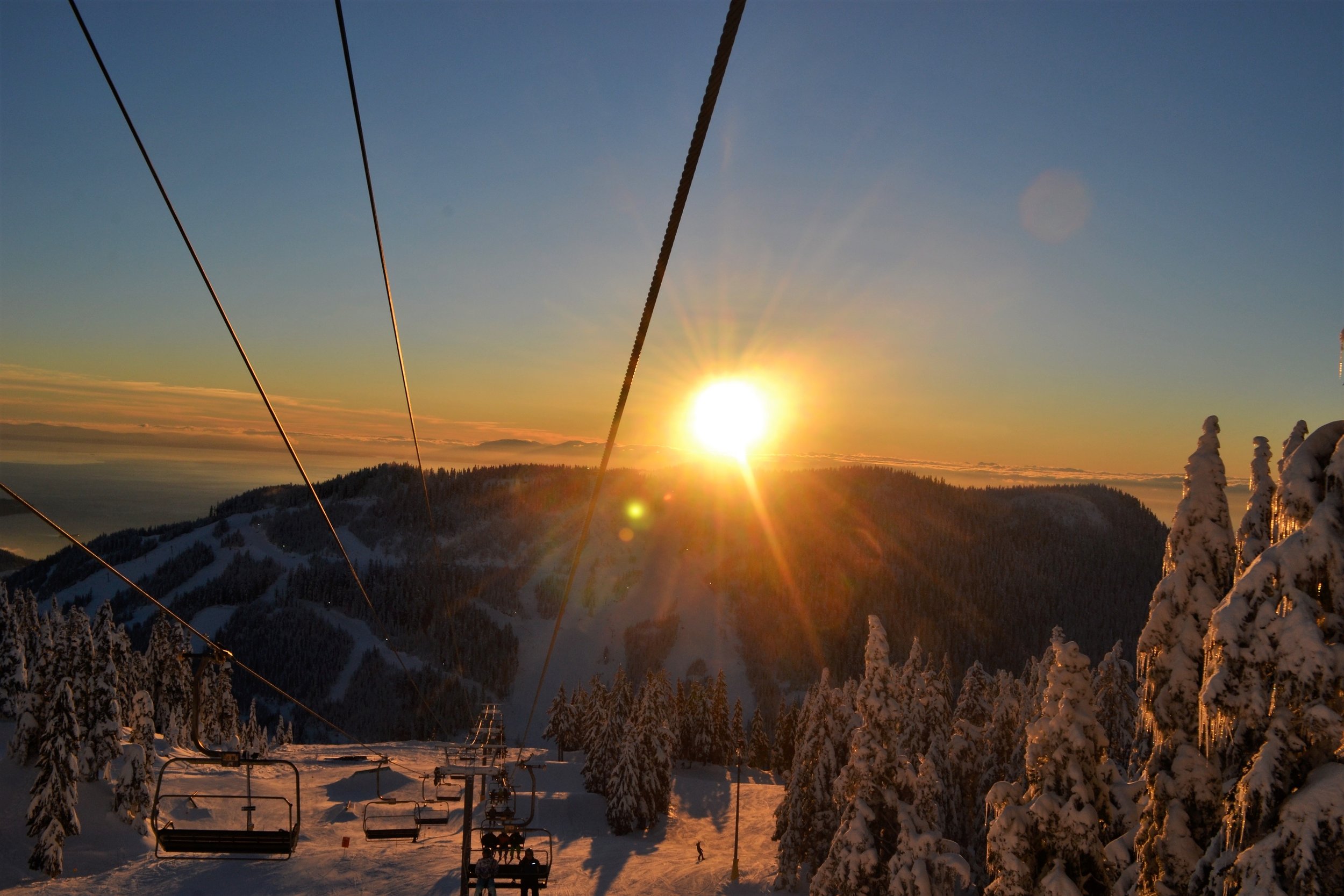 A great view of the sunset from the chairlift at the local mountains in Vancouver