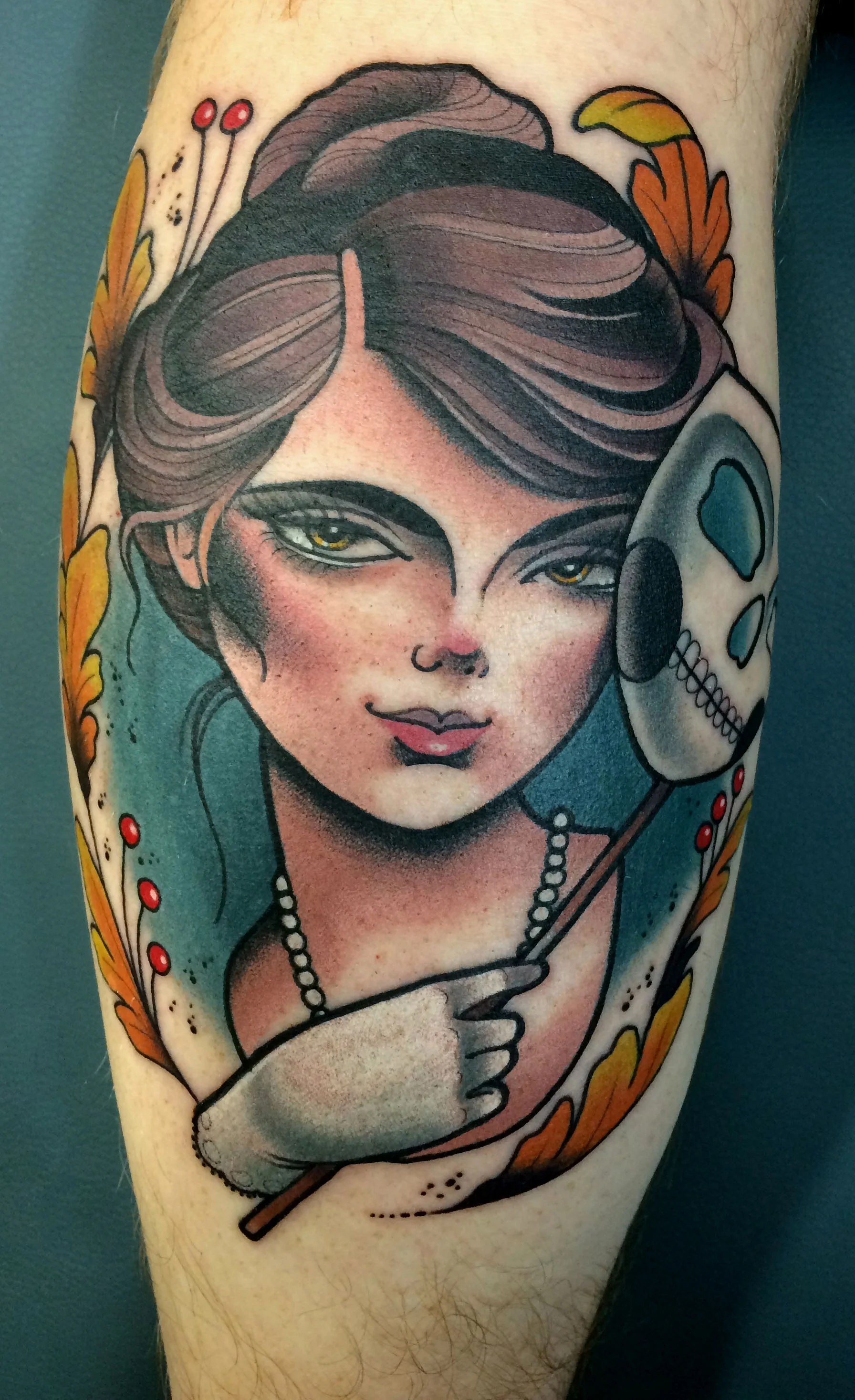 masked lady head tattoo.