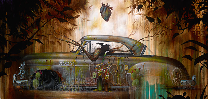 Image credit: Johnny KMNDZ Rodriguez, Atascado , 2015, acrylic on panel, 48” x 60.” Courtesy of KP Projects and the AltaMed Art Collection