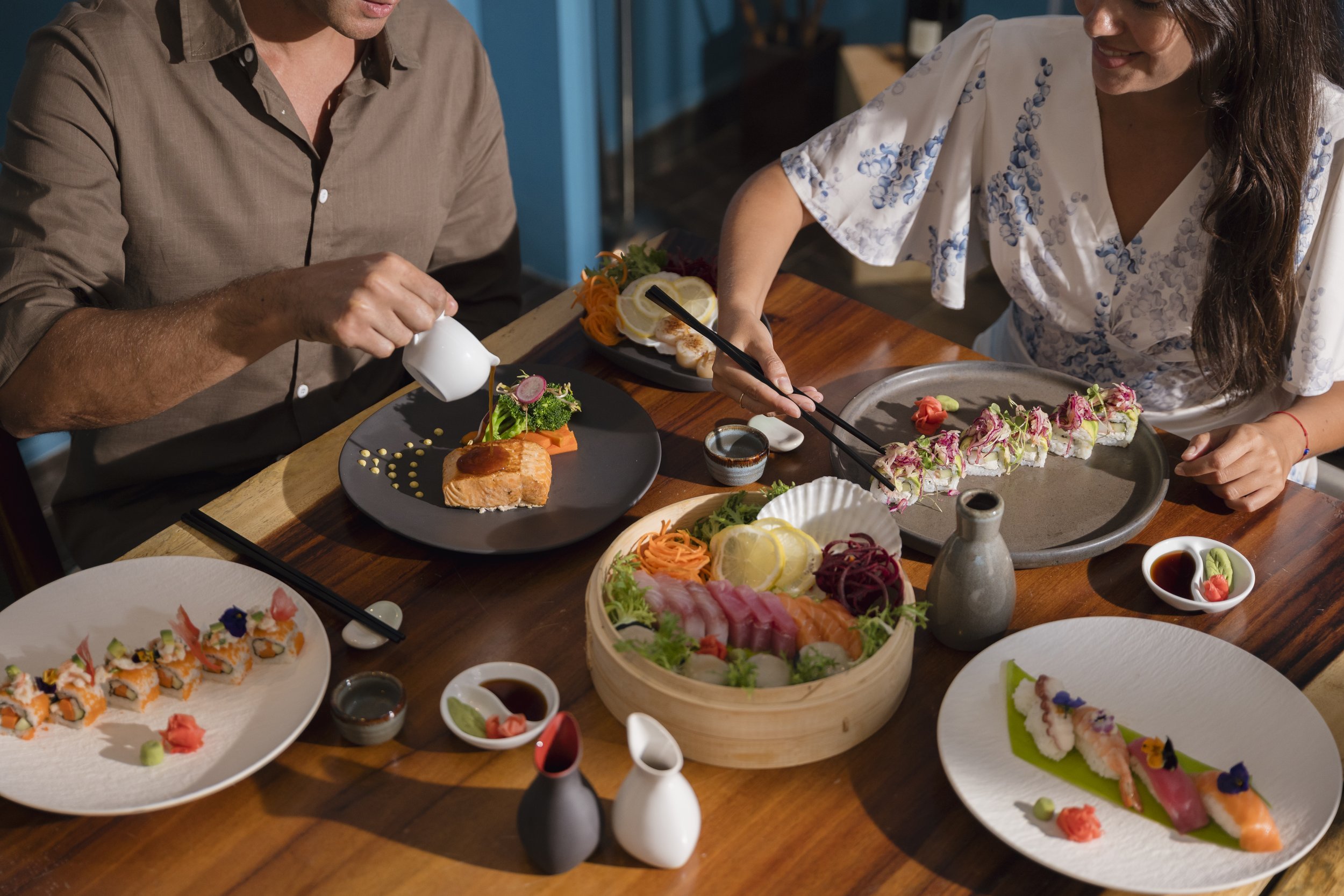 Sushi and sashimi sharing platter at luxury hotel restaurant, food and beverage photography by David McConaghy