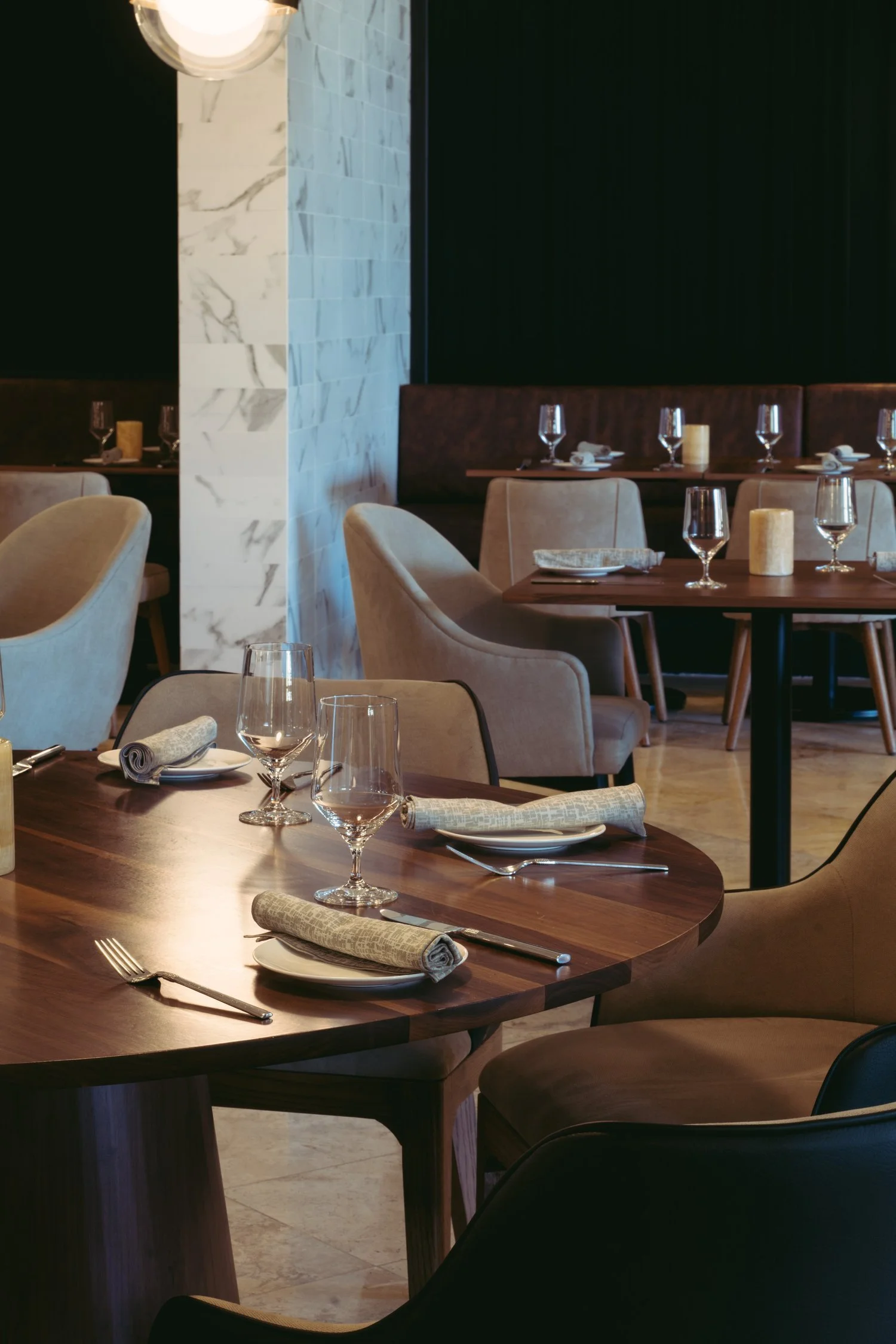 Intimate hotel restaurant interior with ambient lighting, David McConaghy Photography