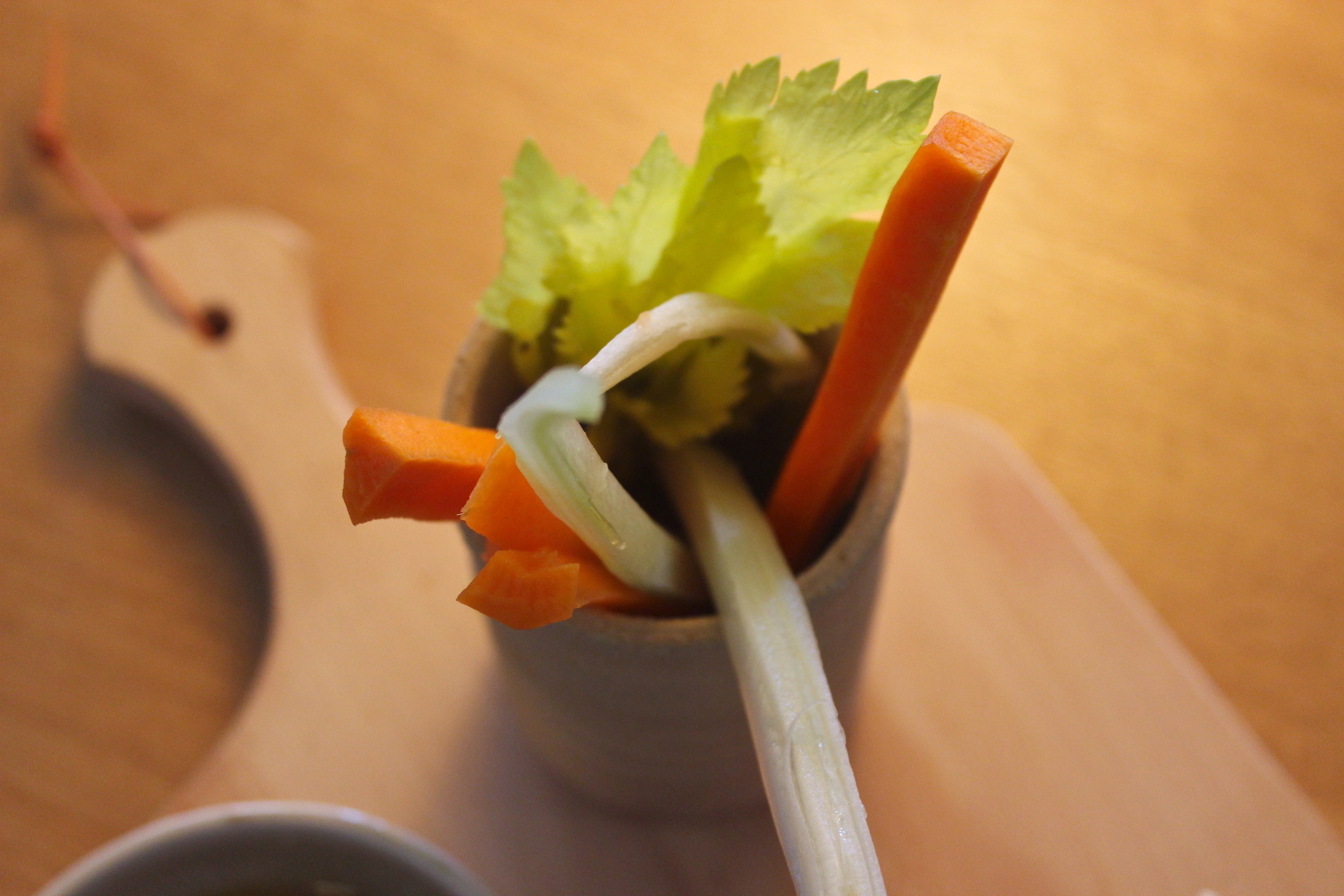 Muhammara dip of red peppers and walnuts served with pita bread and carrot and celery crudités - Dip de Muhammara de pimientos rojos con nueces servido con pan de pita y crudites de zanahoria y apio