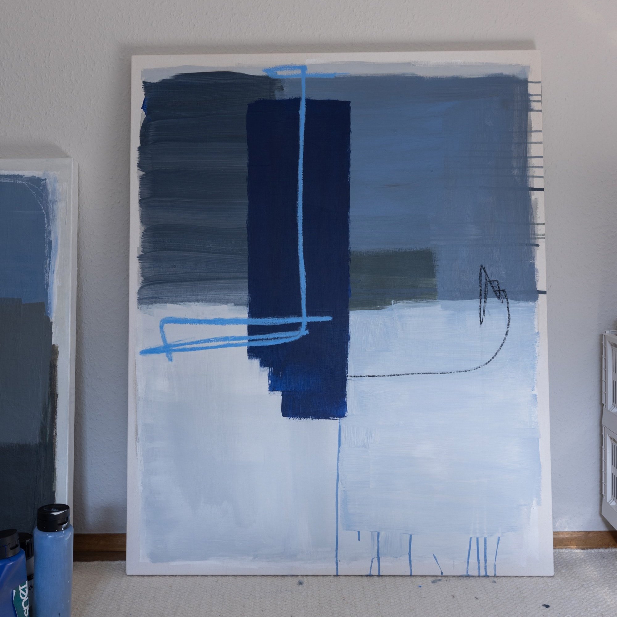 Abstract Brush Strokes 330 is an original abstract painting by Mareike Böhmer featuring blue shapes and elements with pastel chalks