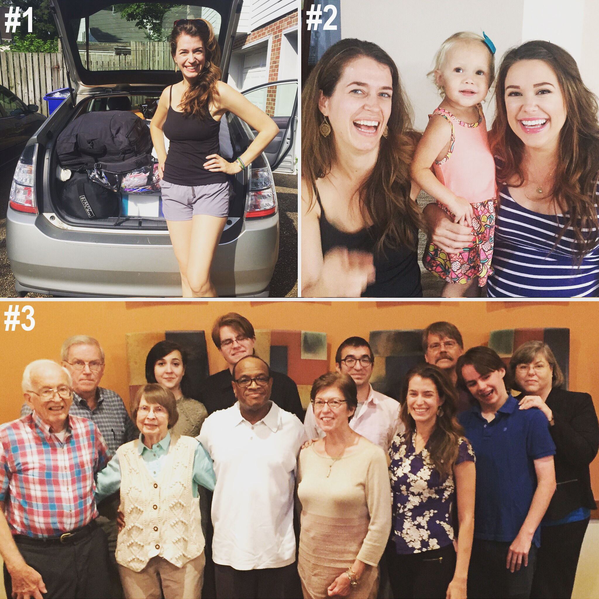 #1. Top secret: after this smiley photo, it took my mom and me 30 stressful, sweaty min. to shut the hatchback door. #2. I stopped in Charlottesville, VA to visit my childhood friend, her 2 year old daughter, and the baby in her belly. #3. Then, my grandparents and mom threw me a "Graduation/Going-away/30th Birthday Party" in Blacksburg, VA. My big bro even flew in from L.A.!