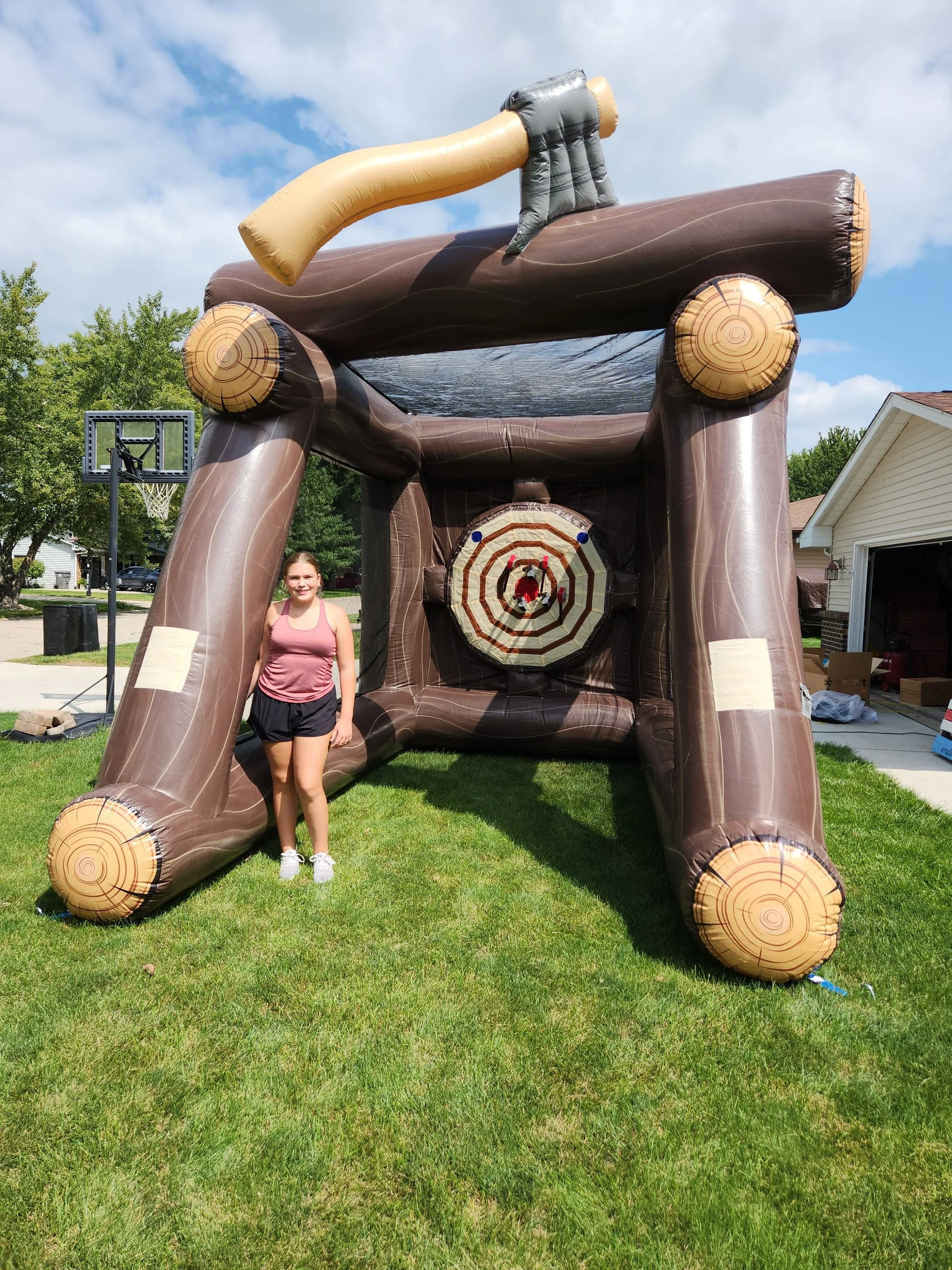 Large axe throw inflatable measures 10 ft wide by 13 ft high