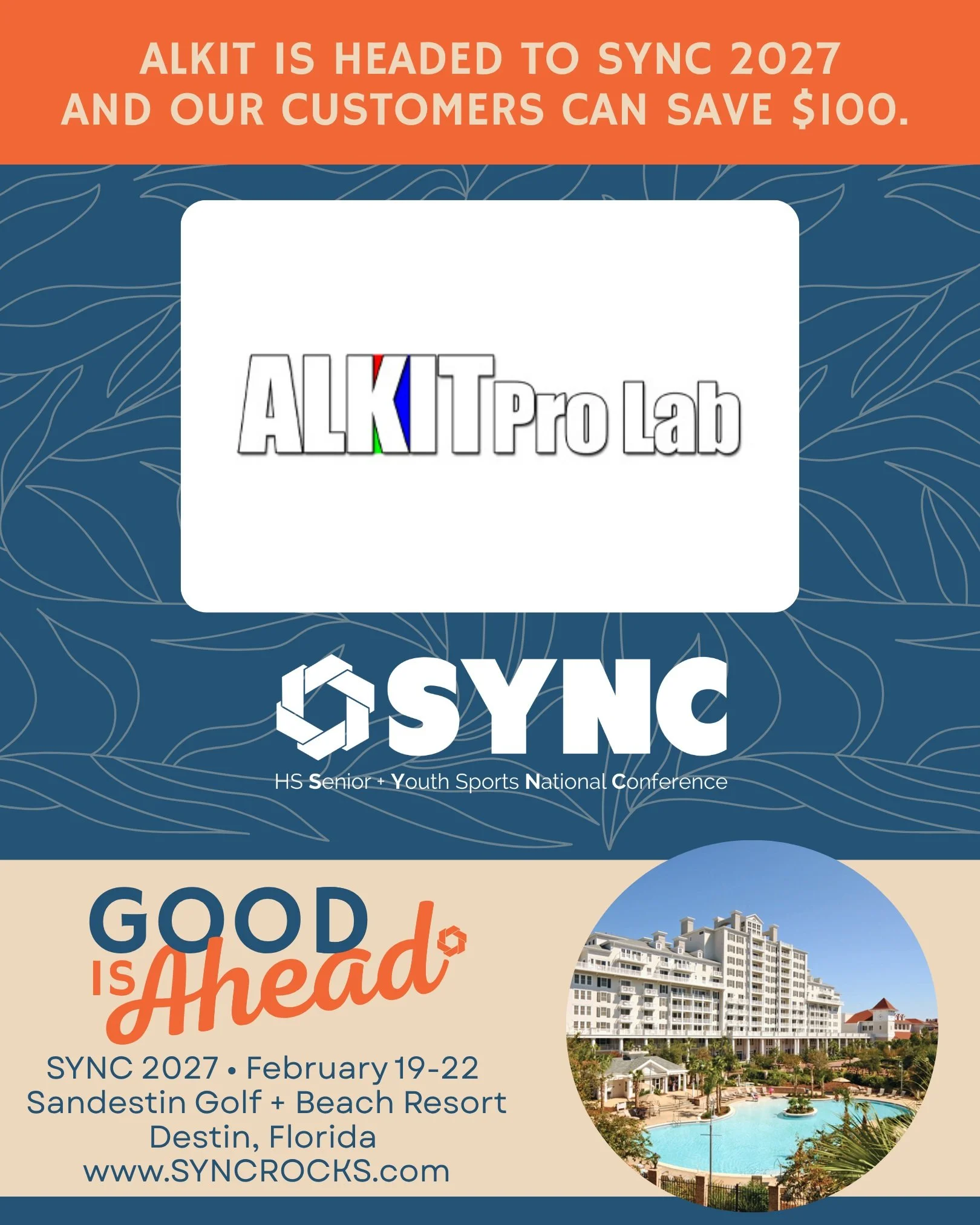 We're headed to SYNC 2027! Join us February 19-22 in Destin, Florida for four days of education, community, and a trade show
built for professional photographers.
And Alkit customers, we've got something for you. Save $100 on your SYNC registration w