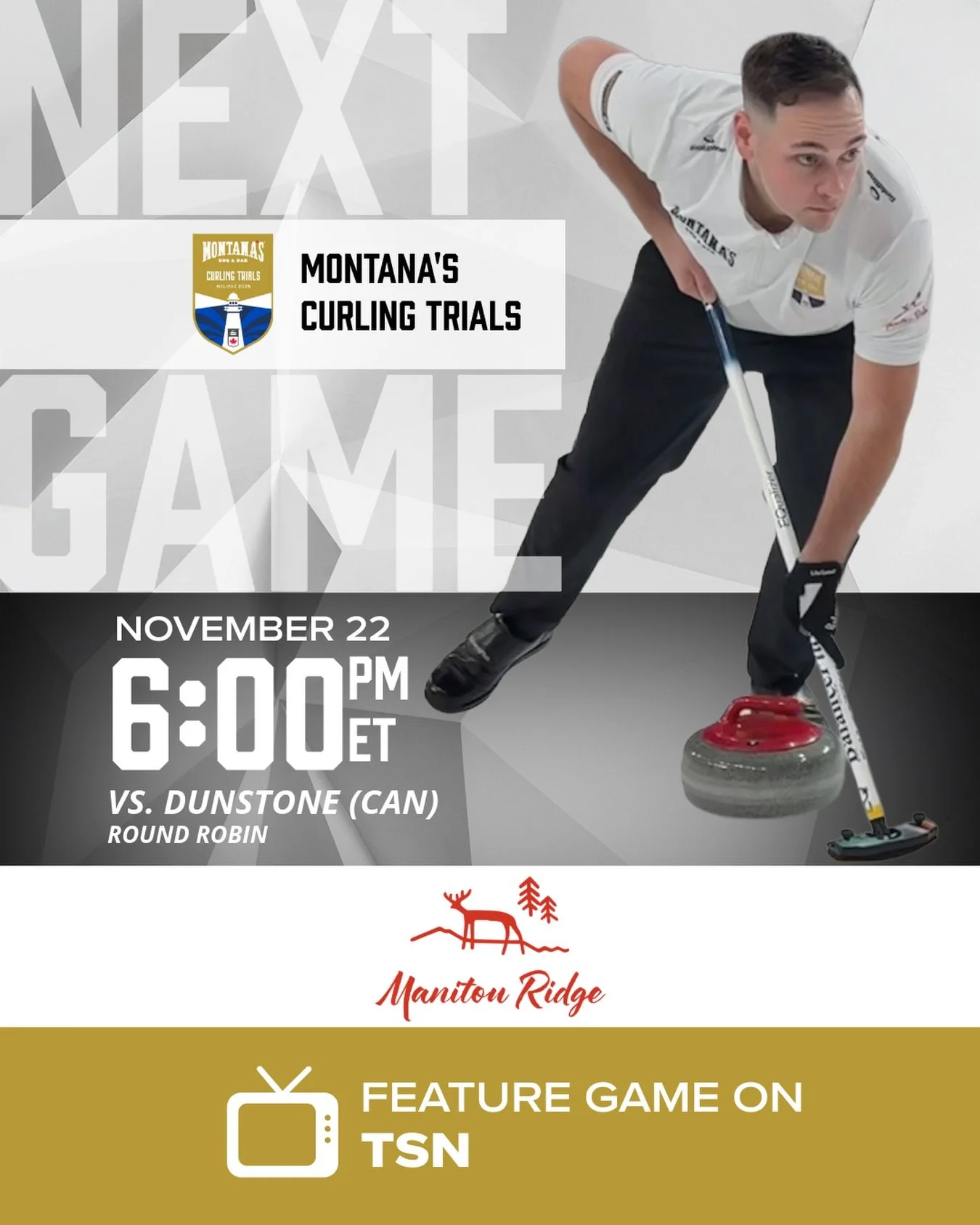 FEATURE GAME ON TSN! 📺
Our journey begins tonight at 6PM|ET in the Montana&rsquo;s Curling Trials.
Catch all the action live on TSN &mdash; let&rsquo;s get this thing started! 🥌💪